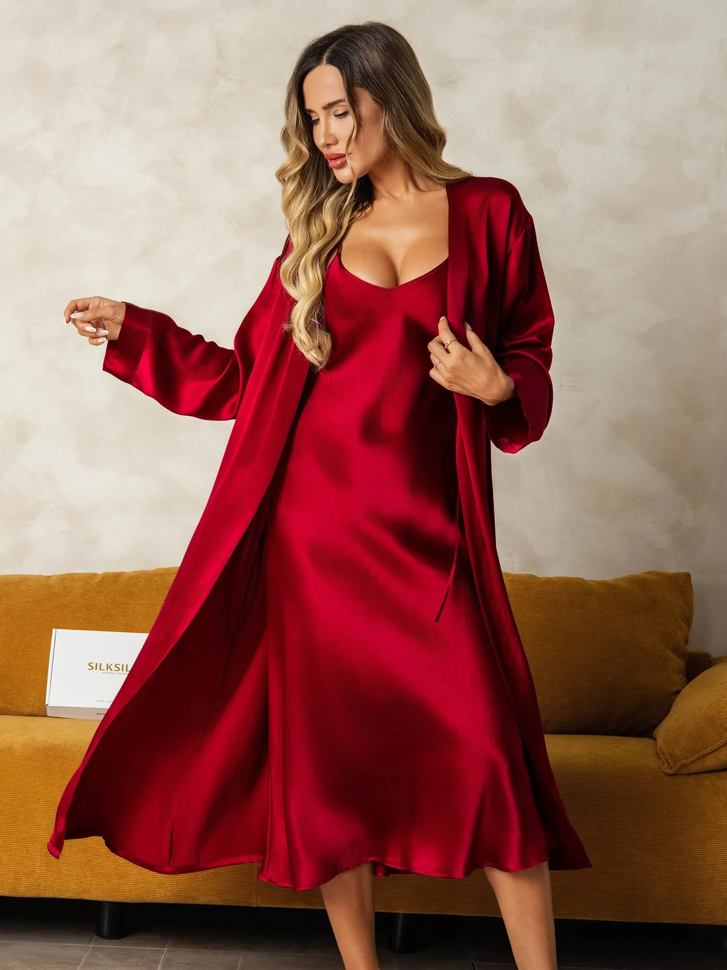 Pure Silk V-Neck Midi Nightgown & Robe Set 2Pcs - Image 9