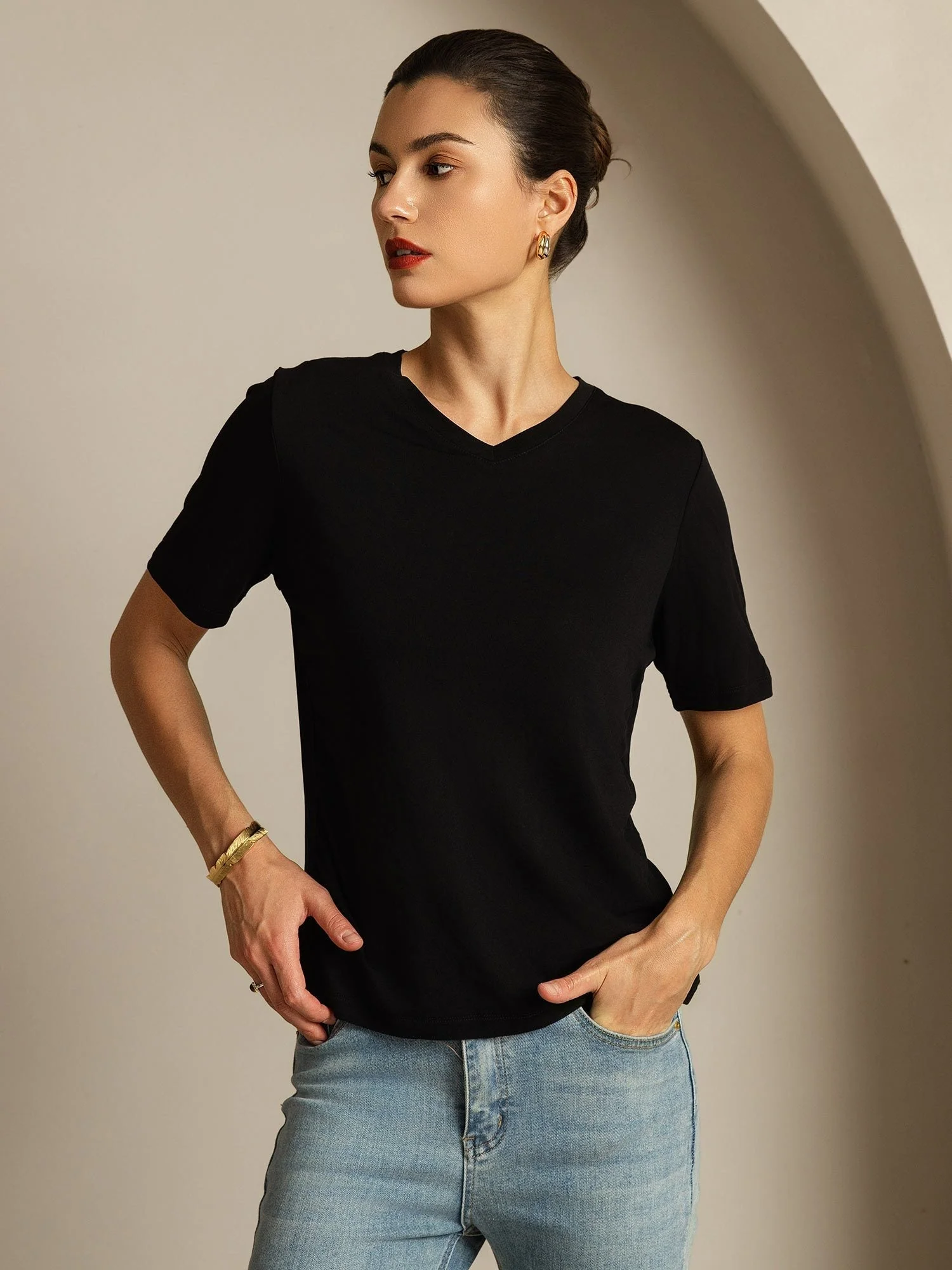 Pure Silk V-Neck Women's T-Shirt - Image 6