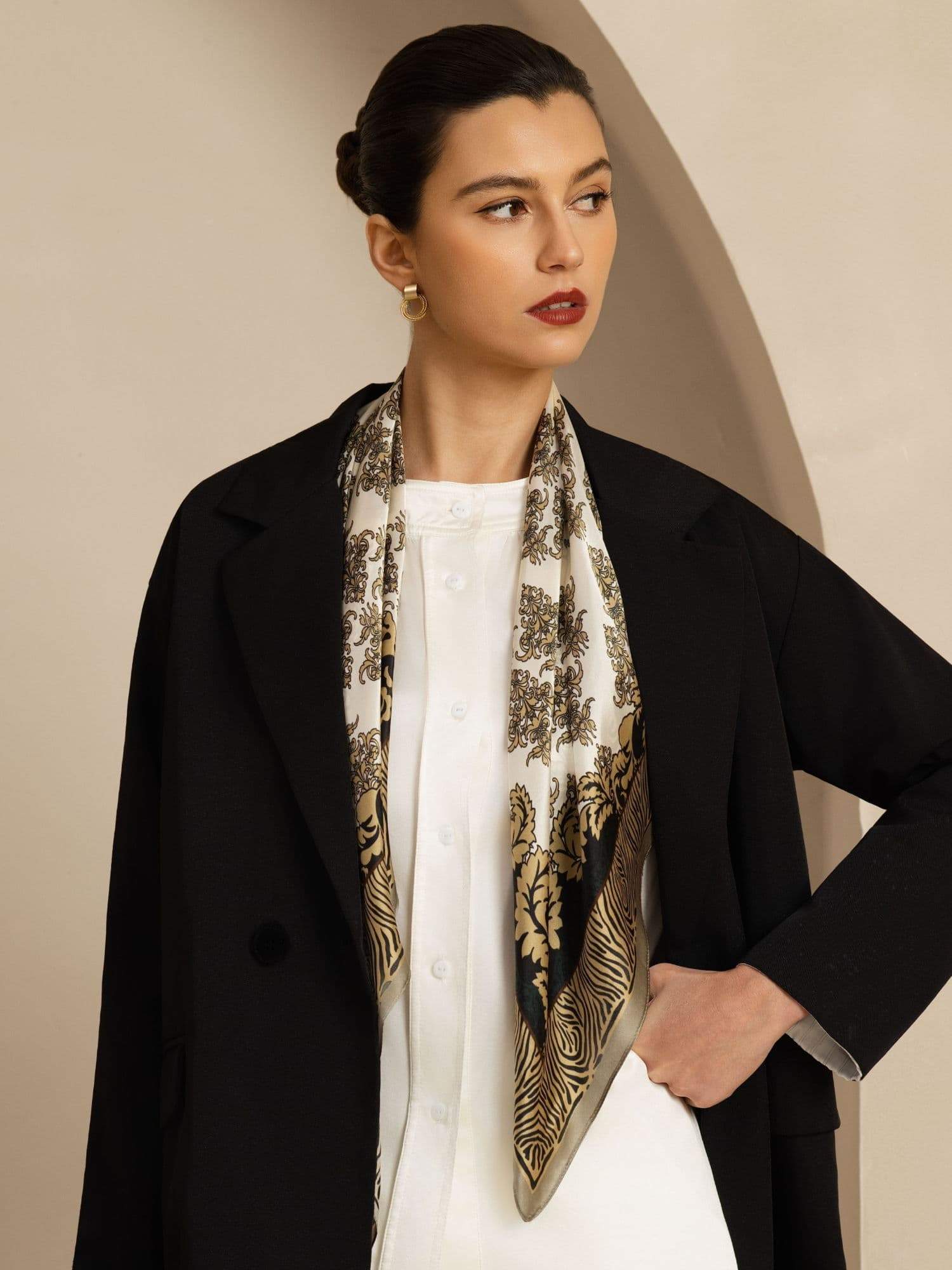 Pure Silk Vintage-Inspired Pattern  Square Scarf - Size 90x90cm - Image 2