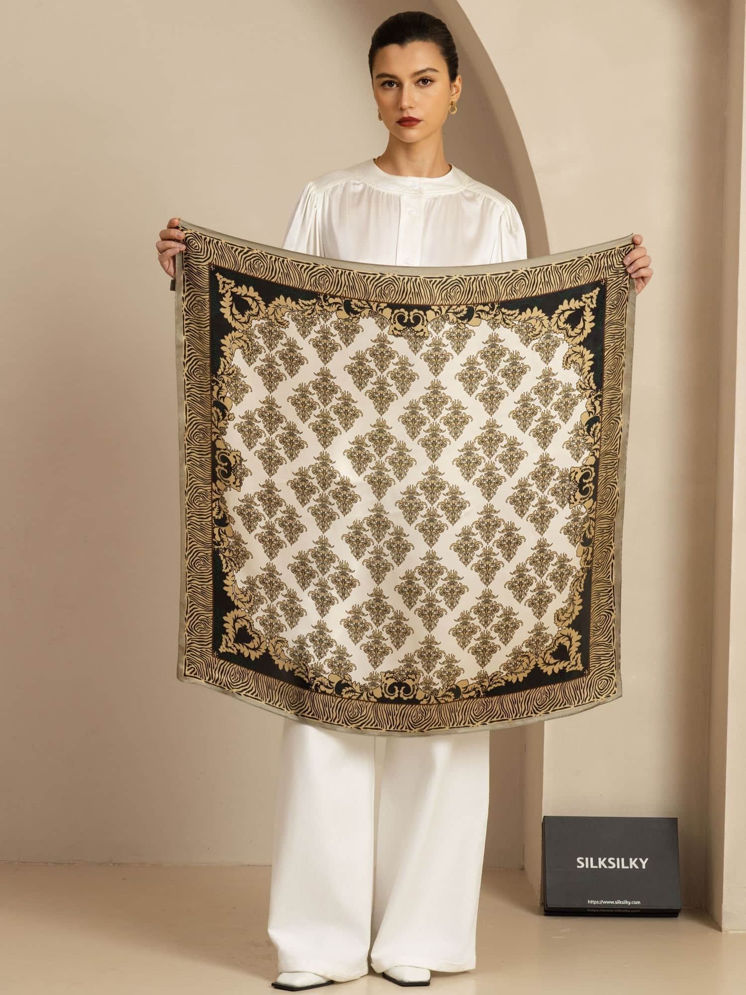 Pure Silk Vintage-Inspired Pattern  Square Scarf - Size 90x90cm - Image 3