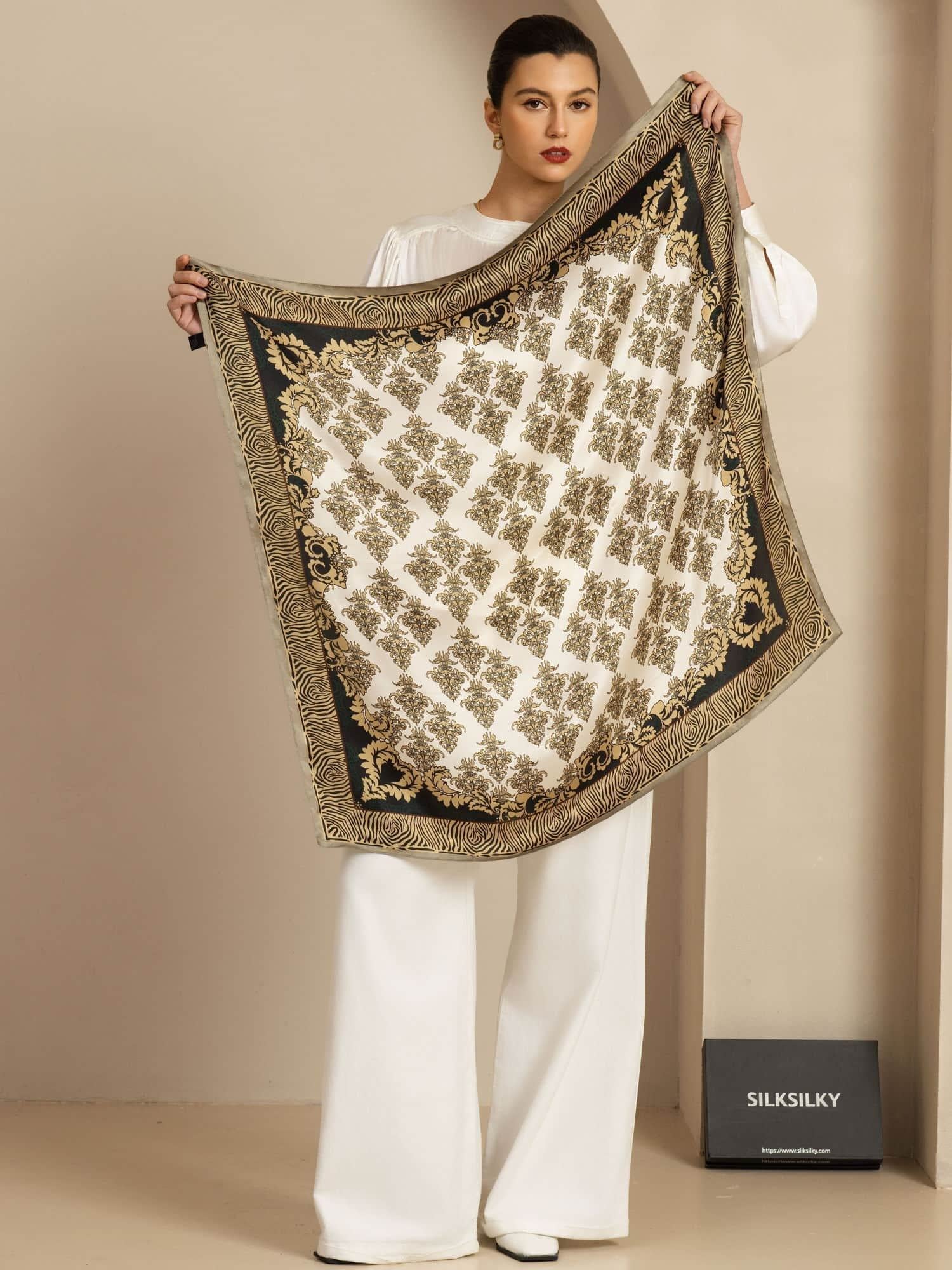 Pure Silk Vintage-Inspired Pattern  Square Scarf - Size 90x90cm - Image 4