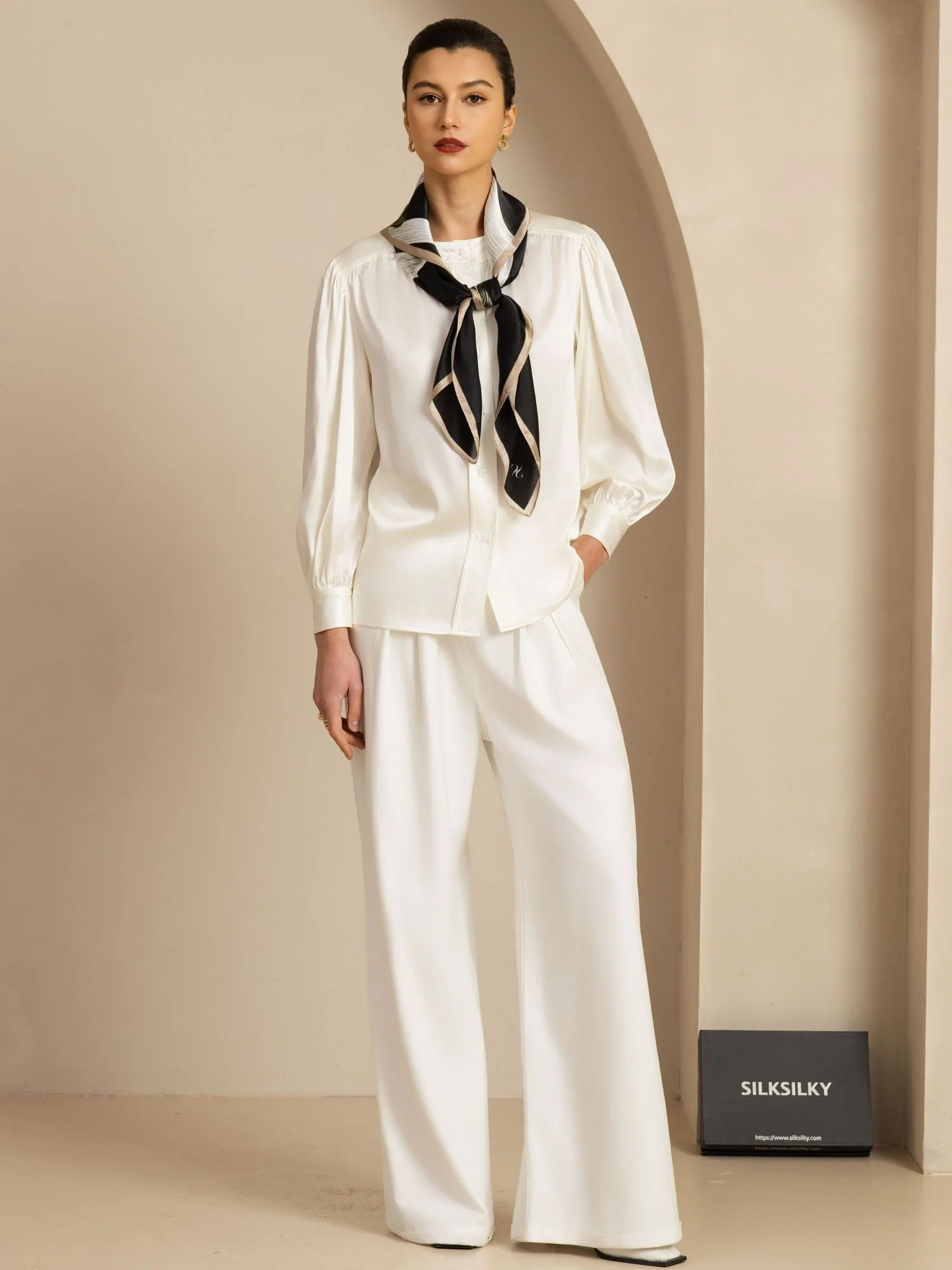 Pure Silk White Ribbon Square Scarf - Size 90x90cm - Image 5
