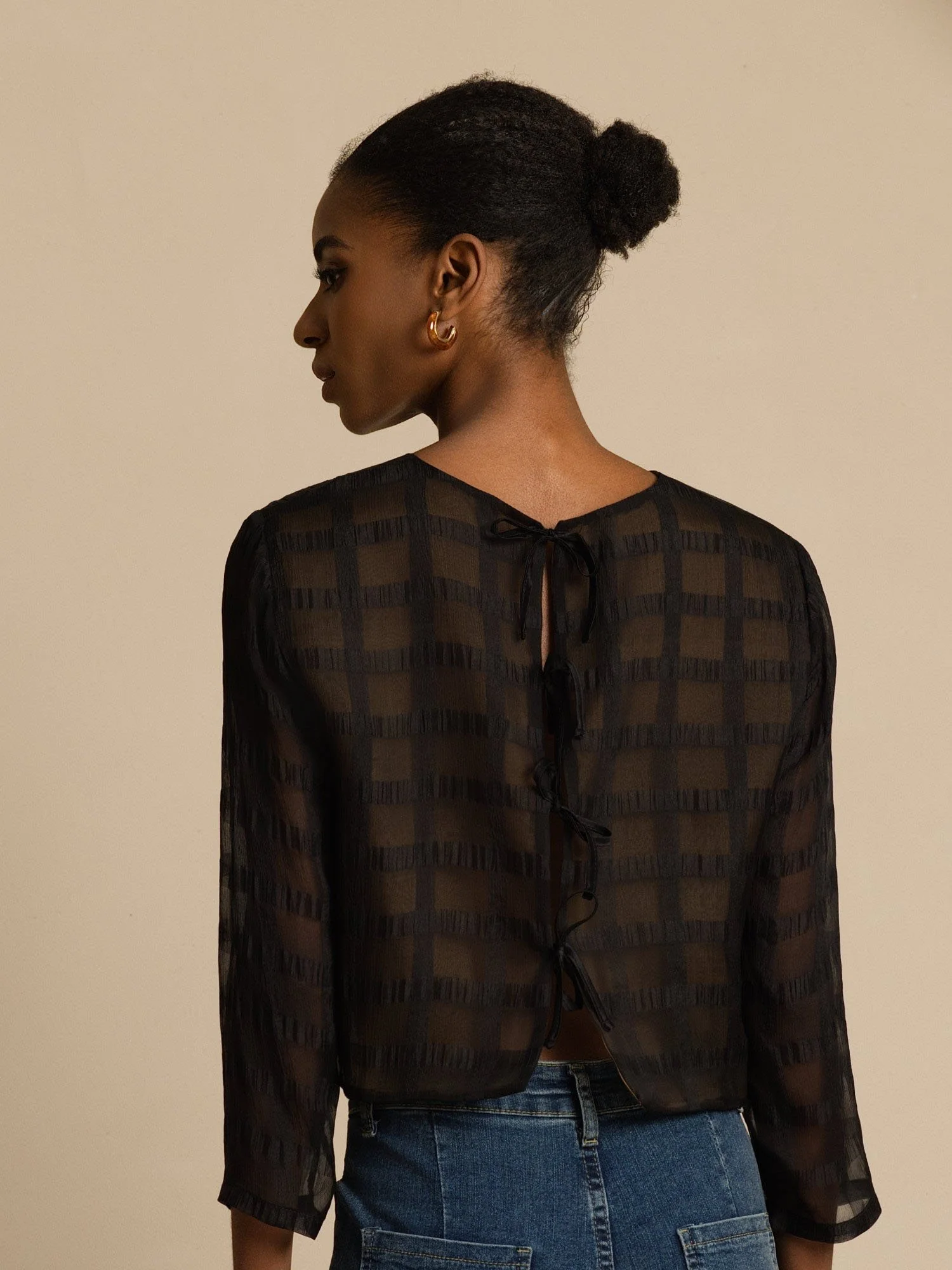 Pure Silk Women's Long Sleeve Textured Grid Crop Blouse with Back Ties - Image 2