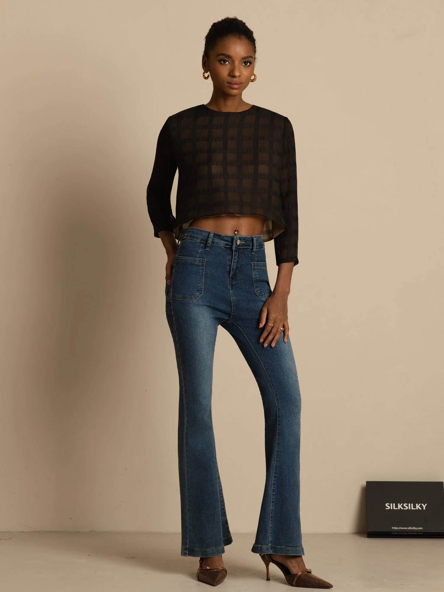 Pure Silk Women's Long Sleeve Textured Grid Crop Blouse with Back Ties - Image 6