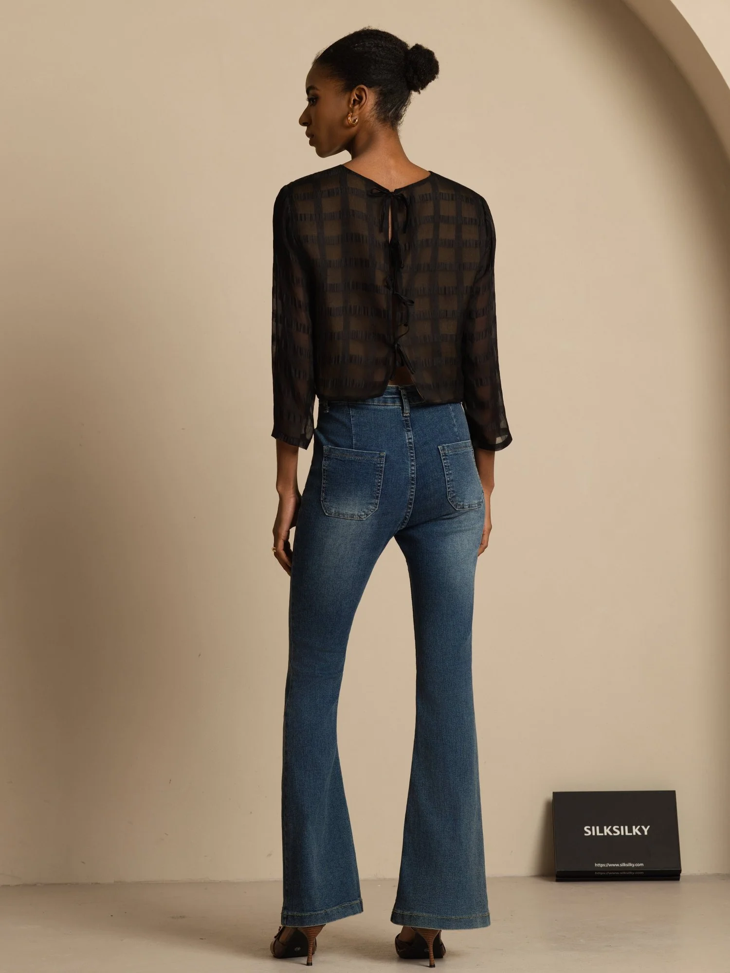 Pure Silk Women's Long Sleeve Textured Grid Crop Blouse with Back Ties - Image 7