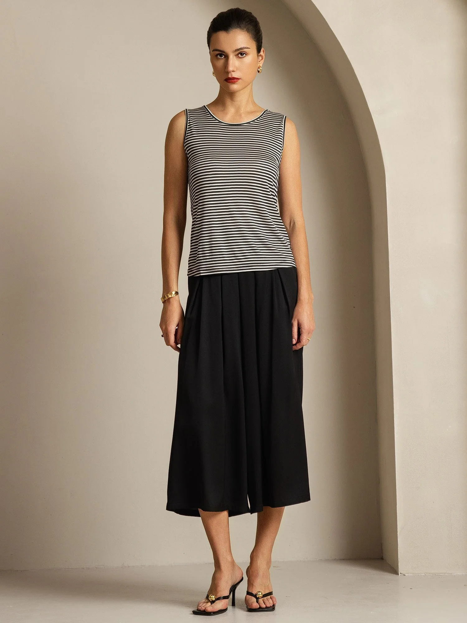 Pure Silk Women's Round Neck Sport Stripe Print Tank Top - Image 6