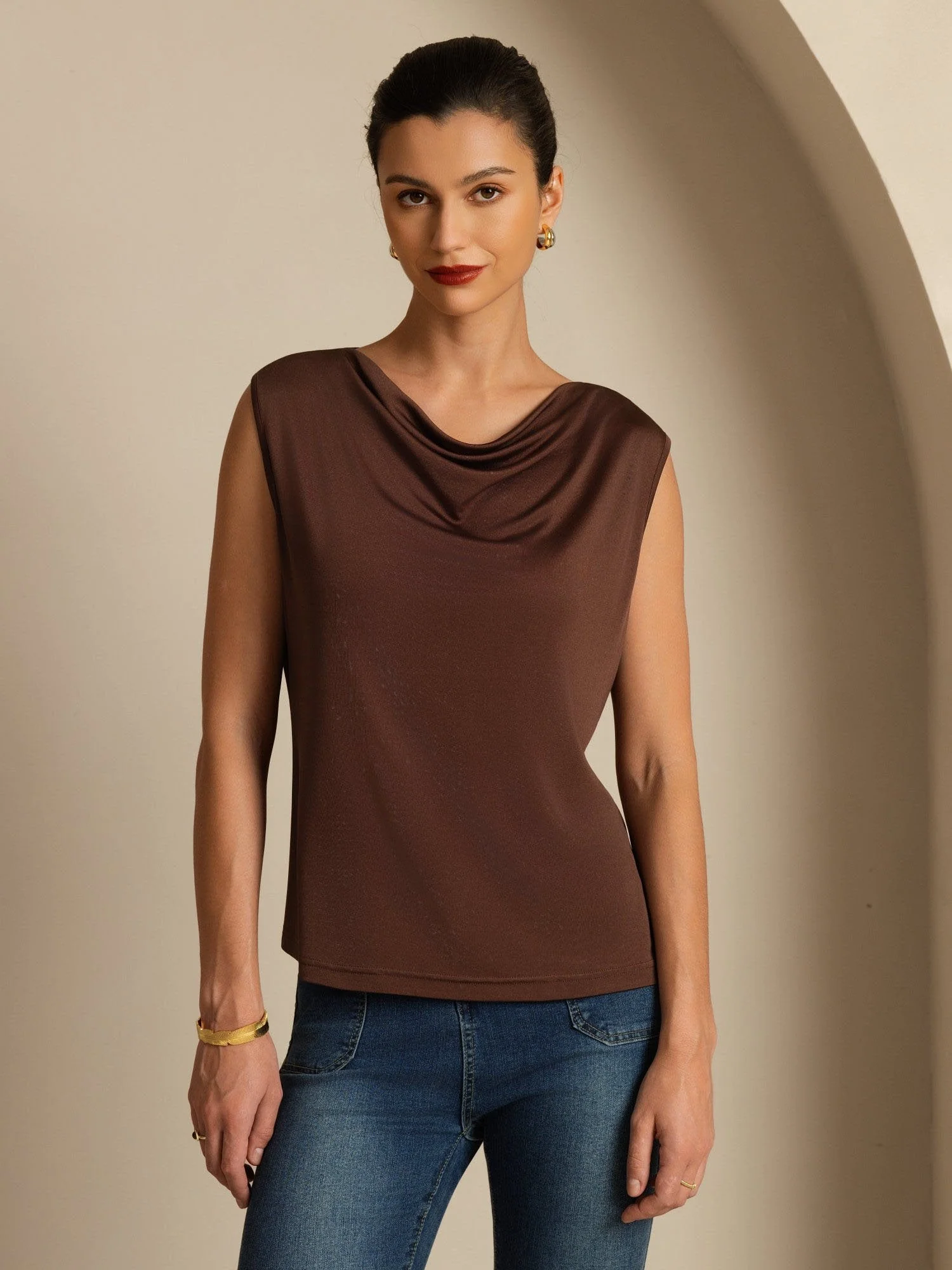 Pure Silk  Women's Sleeveless Cowl Neck Basic Casual Top - Image 3