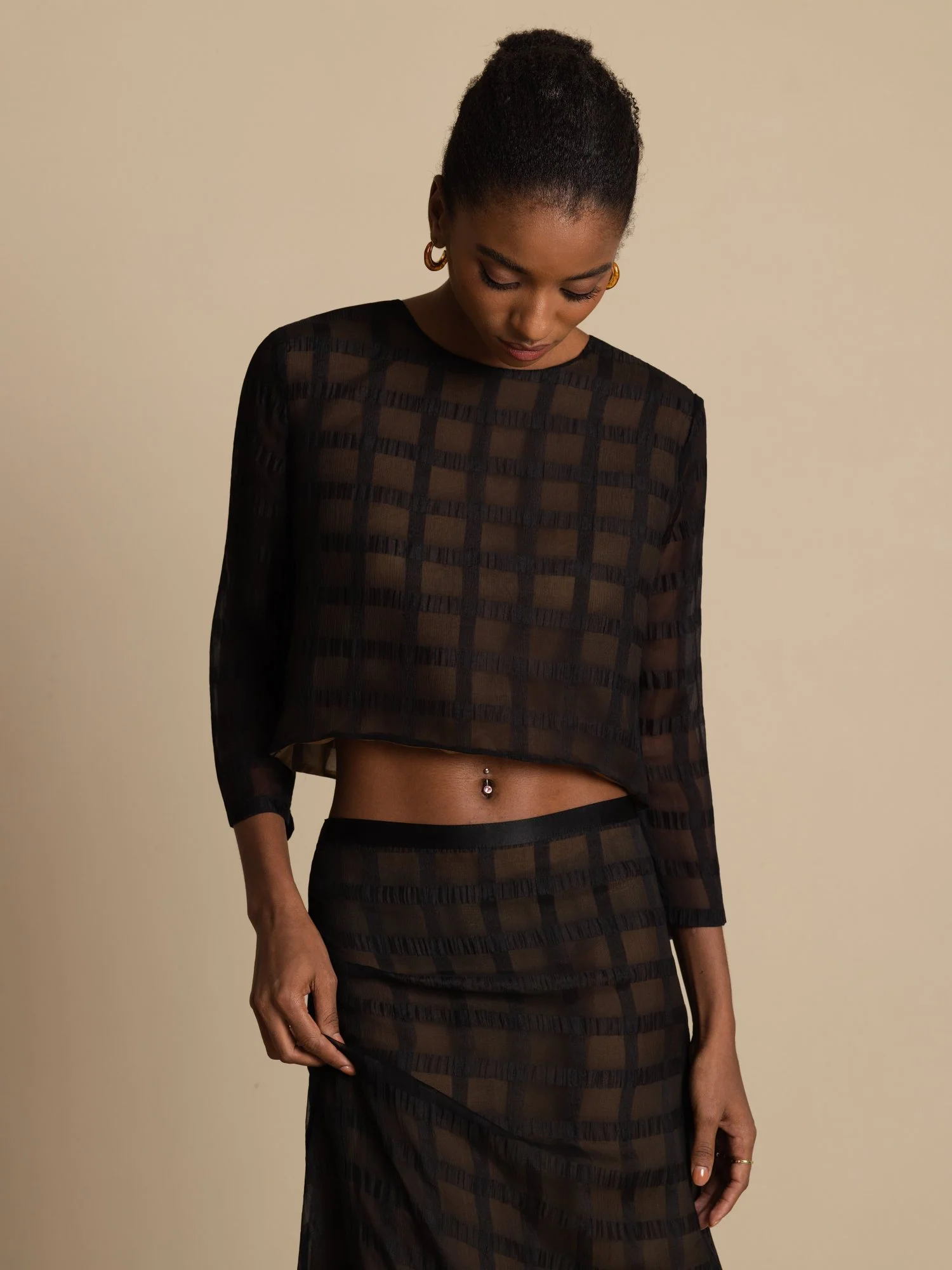 Pure Silk Women's Textured Grid Crop Blouse & A-Line Long Skirt Set - Image 7