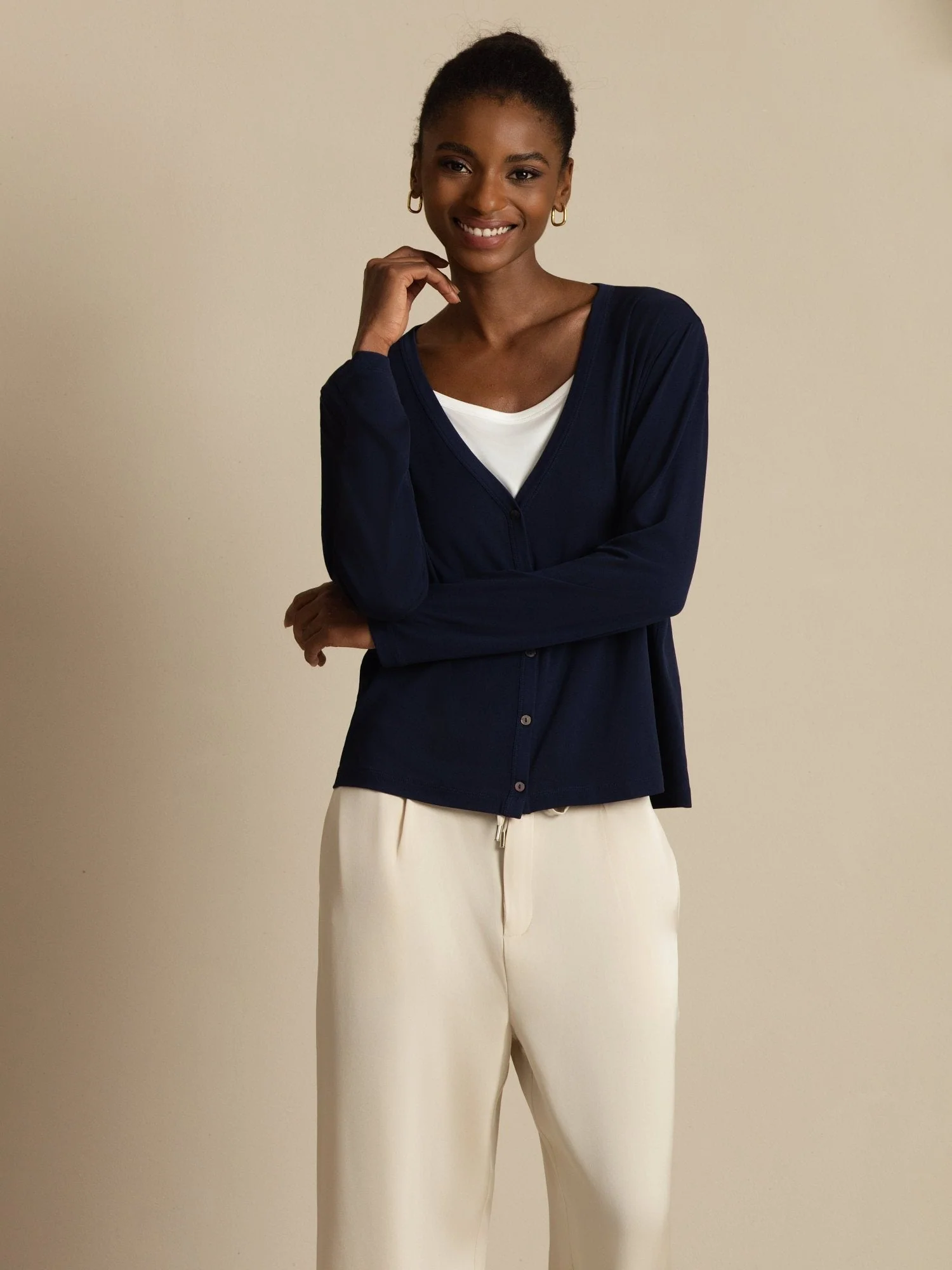 Pure Silk Women's V-Neck Long Sleeve Basic Cardigan - Image 19