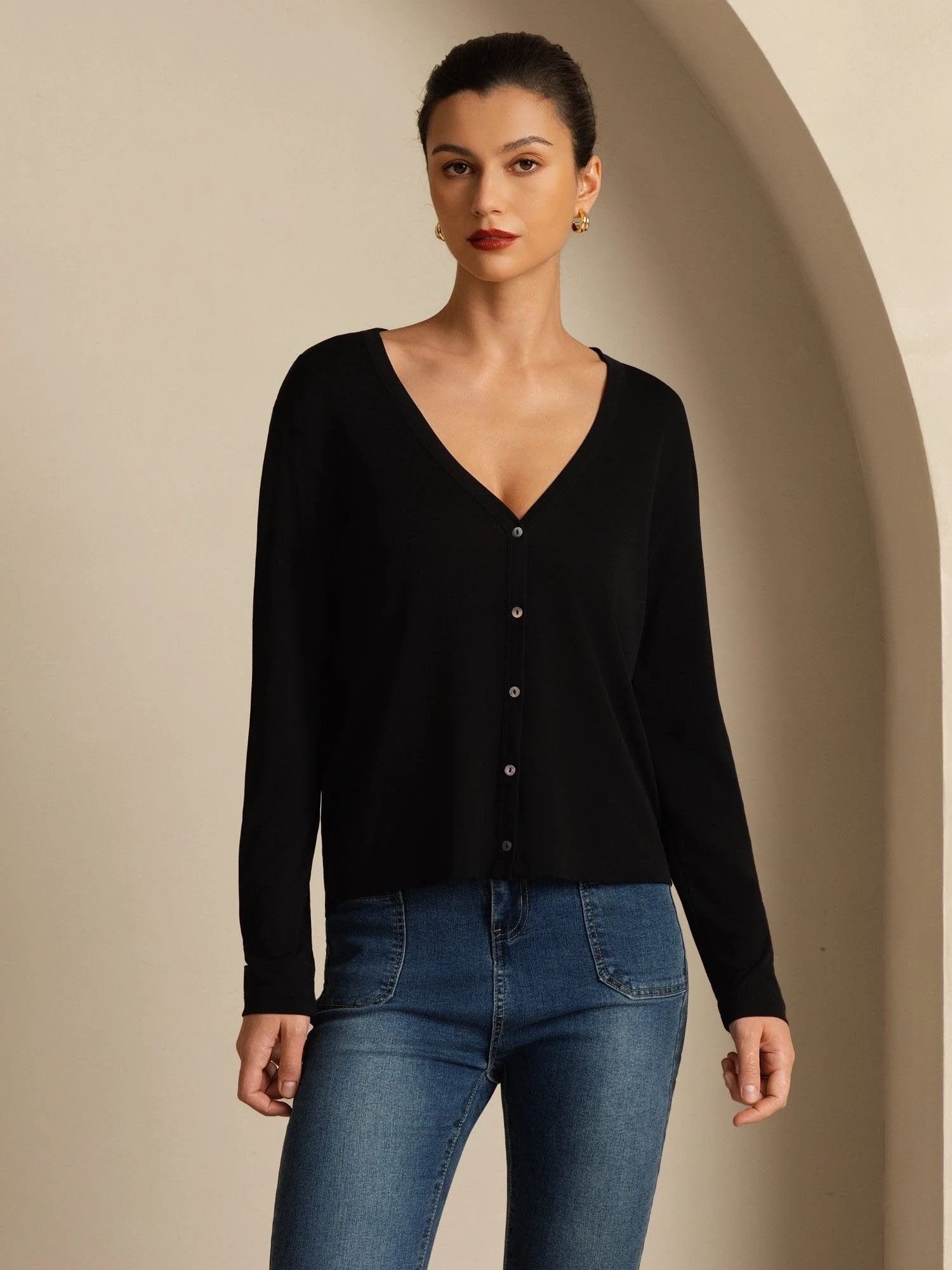 Pure Silk Women's V-Neck Long Sleeve Basic Cardigan - Image 9