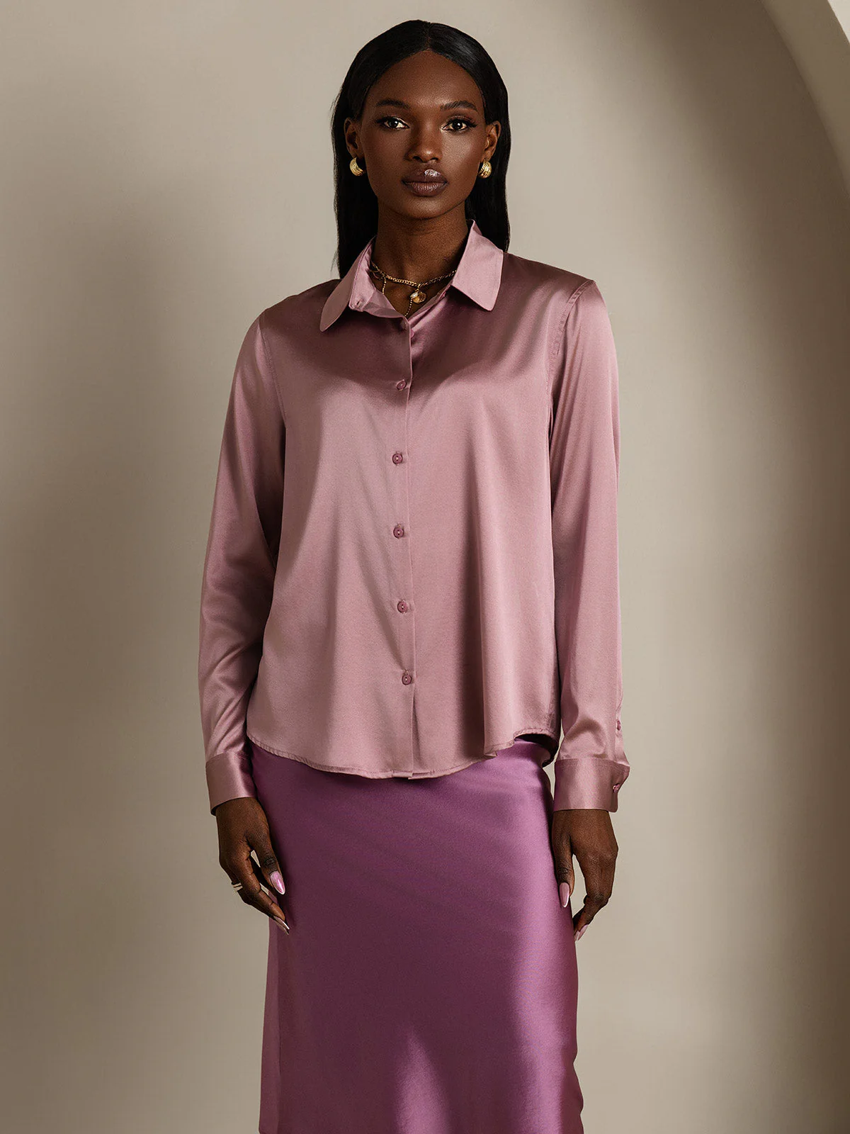 19Momme Silk Long Sleeve Lapel Collar Women's Shirt - Image 22