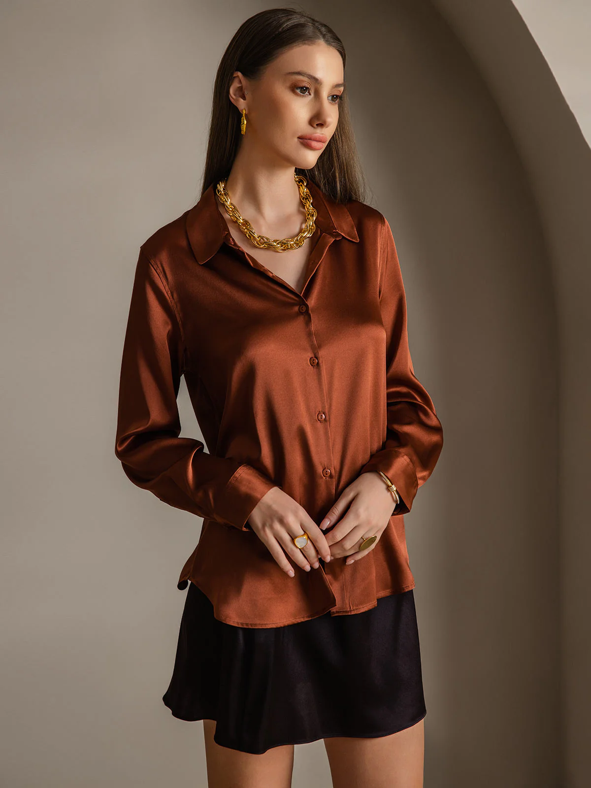 19Momme Silk Long Sleeve Lapel Collar Women's Shirt - Image 36