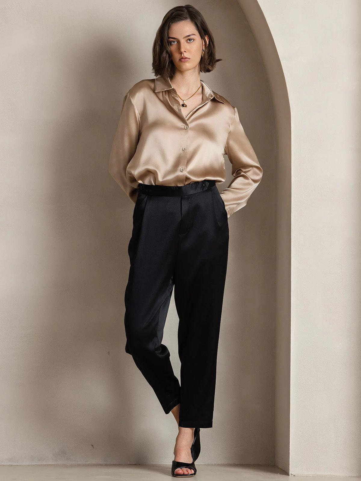 19Momme Silk Long Sleeve Lapel Collar Women's Shirt - Image 43