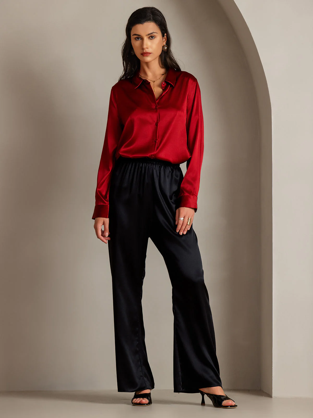 19Momme Silk Long Sleeve Lapel Collar Women's Shirt - Image 56