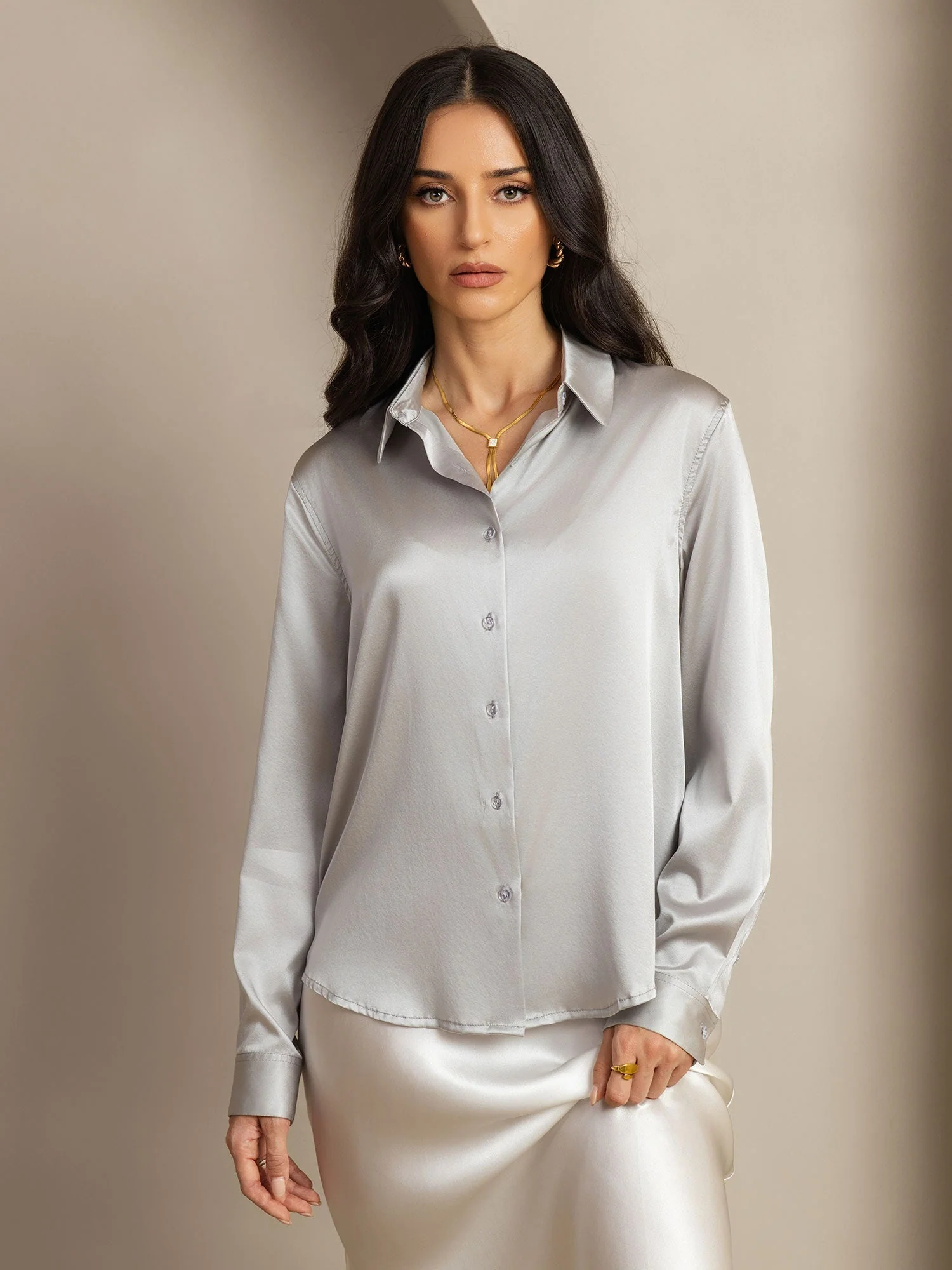19Momme Silk Long Sleeve Lapel Collar Women's Shirt - Image 85