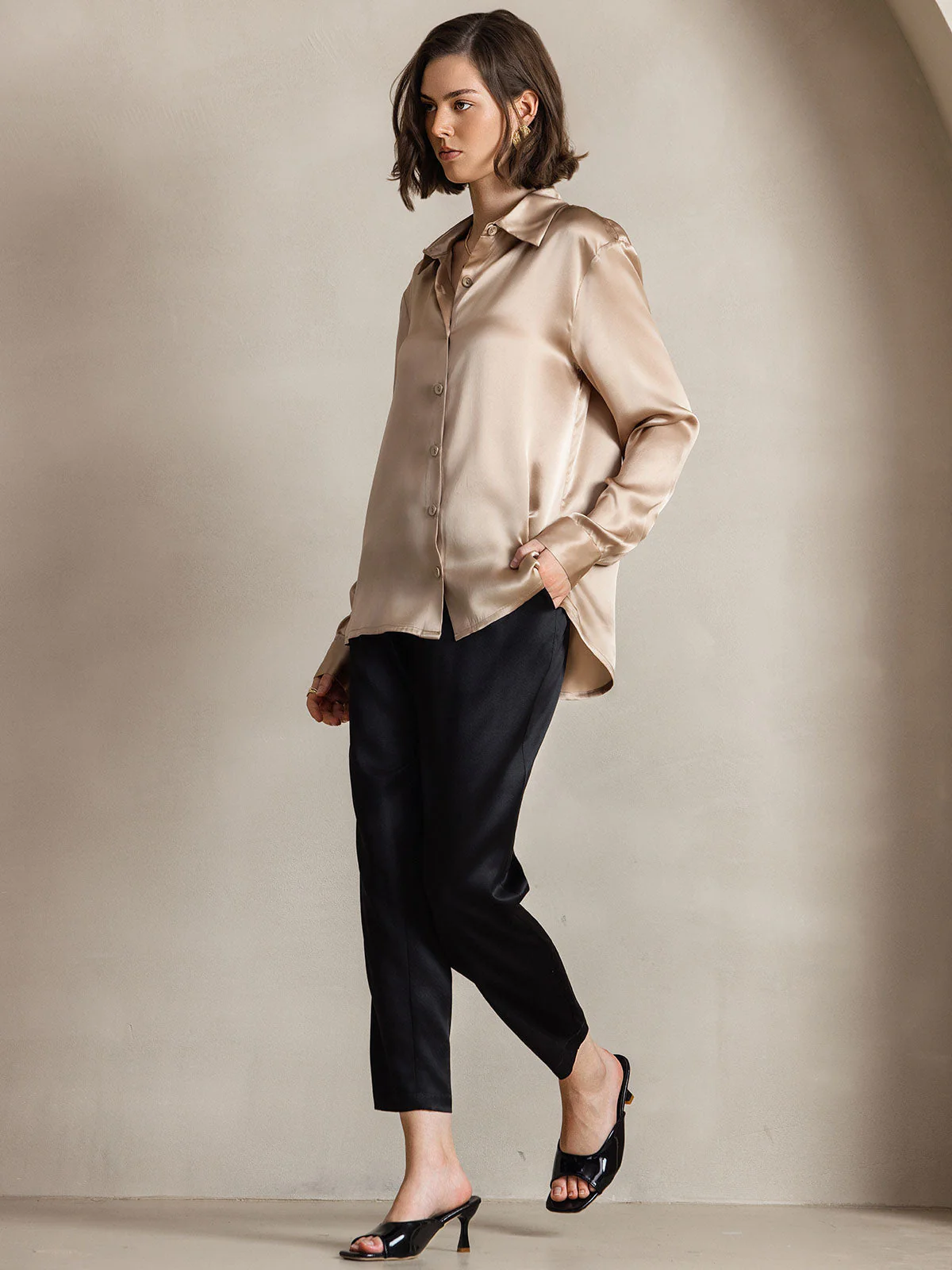 19Momme Silk Long Sleeve Lapel Collar Women's Shirt with Button Up Design - Image 48