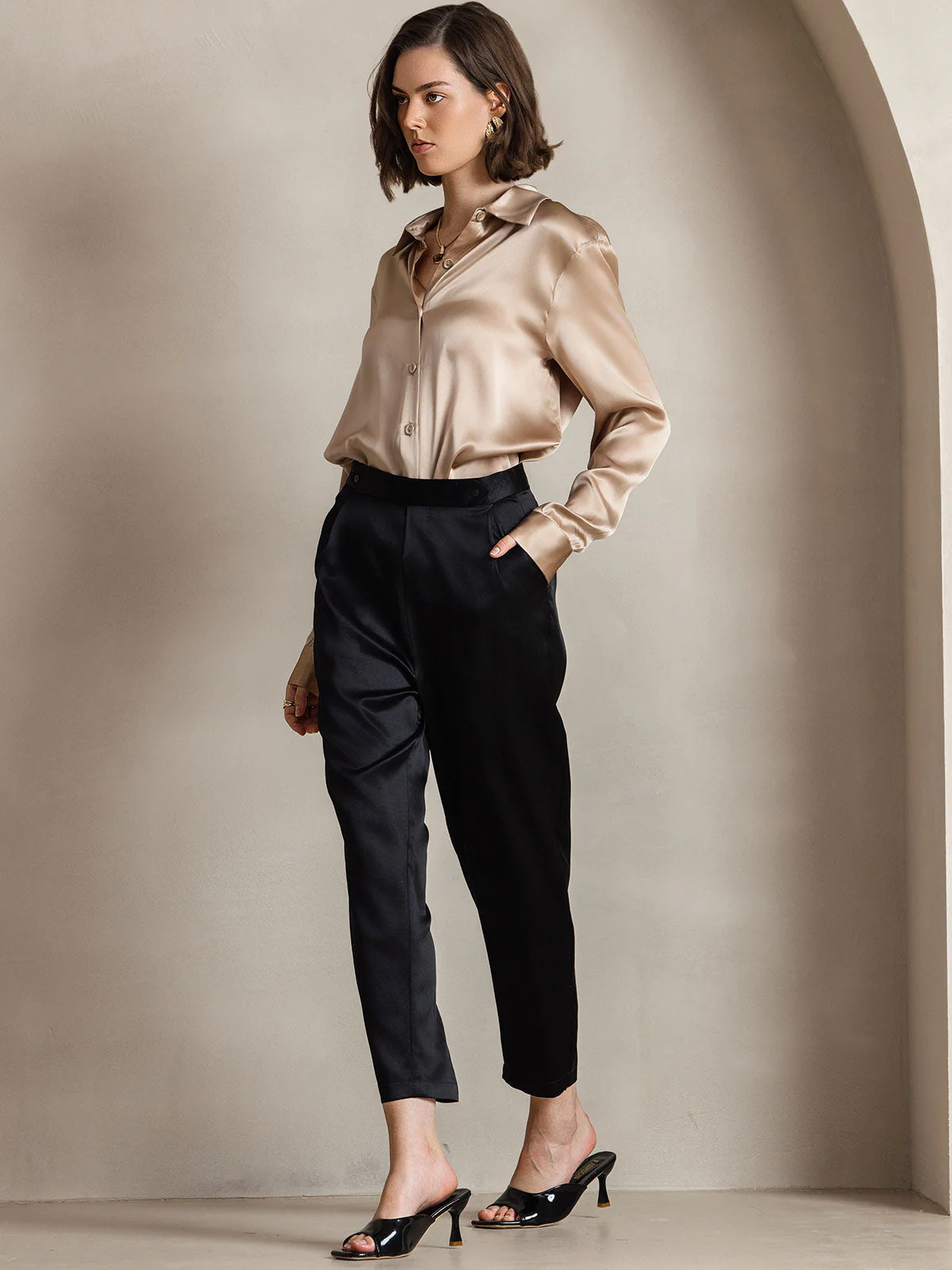 19Momme Silk Long Sleeve Lapel Collar Women's Shirt with Button Up Design - Image 49