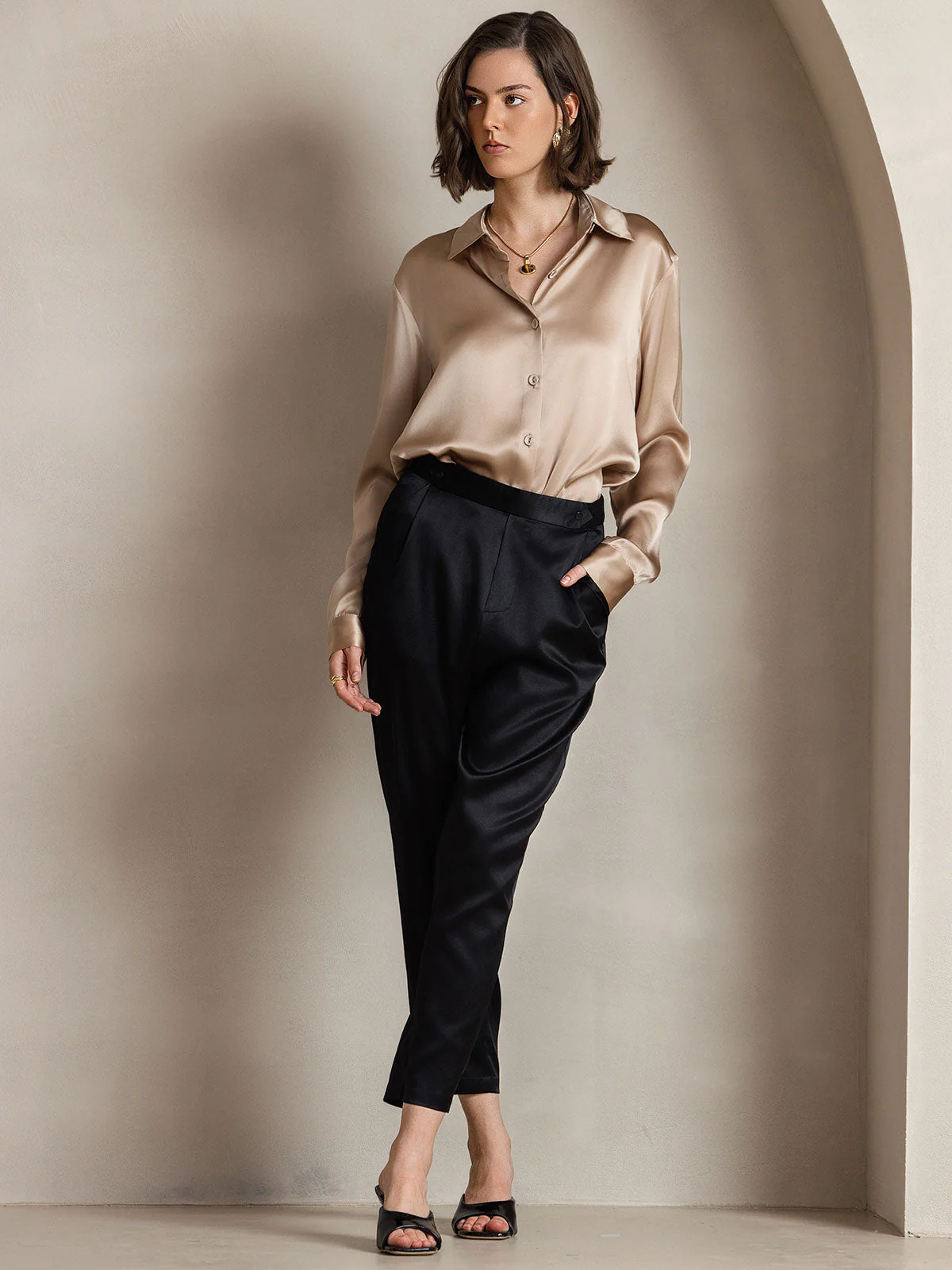 19Momme Silk Long Sleeve Lapel Collar Women's Shirt with Button Up Design - Image 50