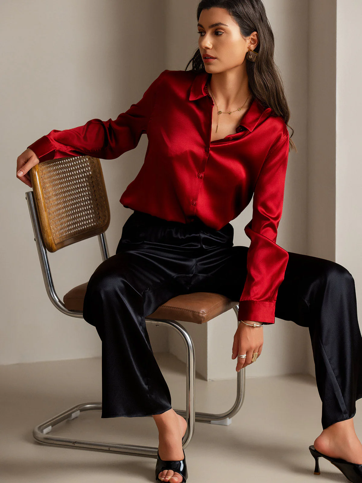 19Momme Silk Long Sleeve Lapel Collar Women's Shirt with Button Up Design - Image 68