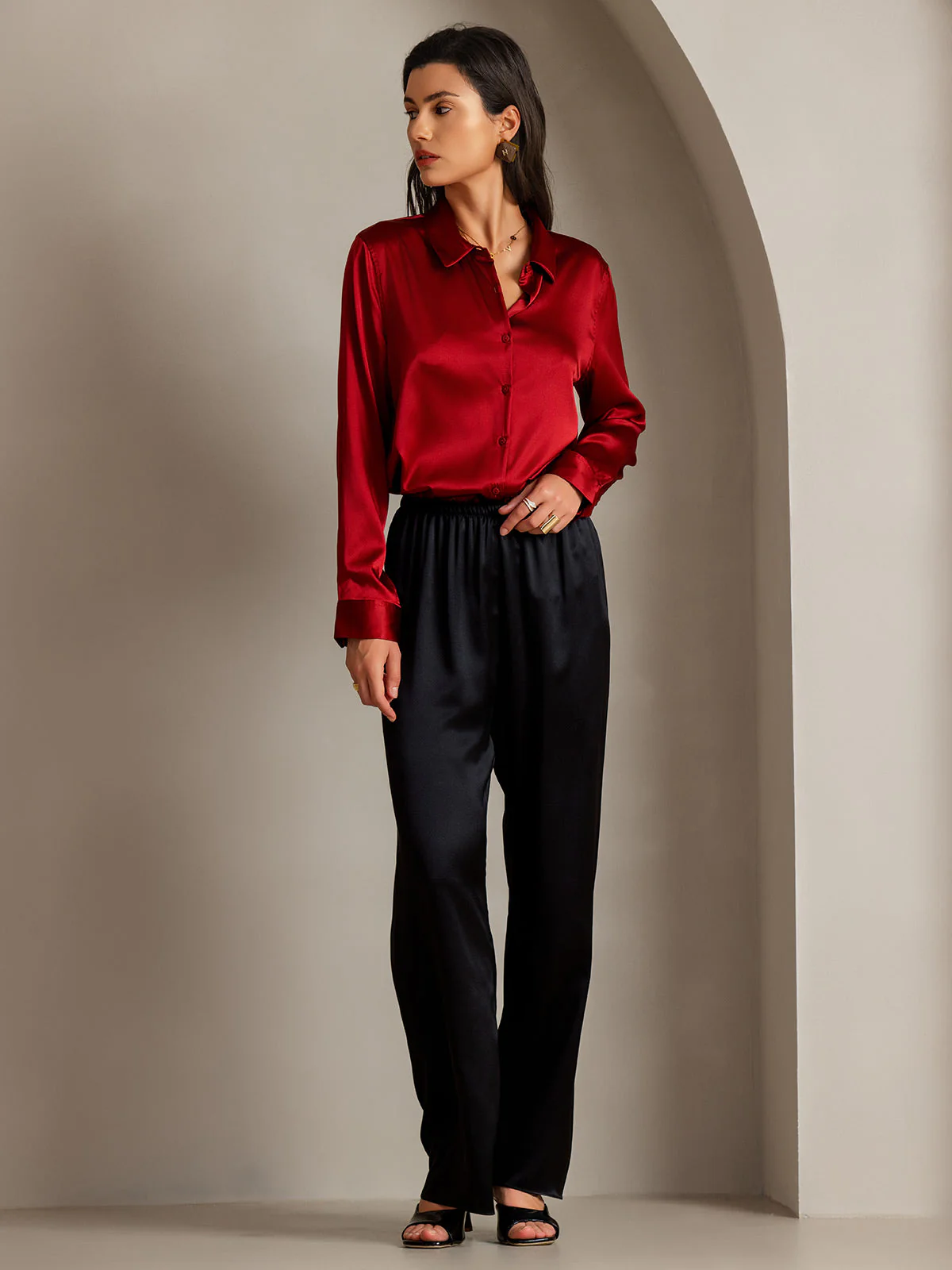 19Momme Silk Long Sleeve Lapel Collar Women's Shirt with Button Up Design - Image 73