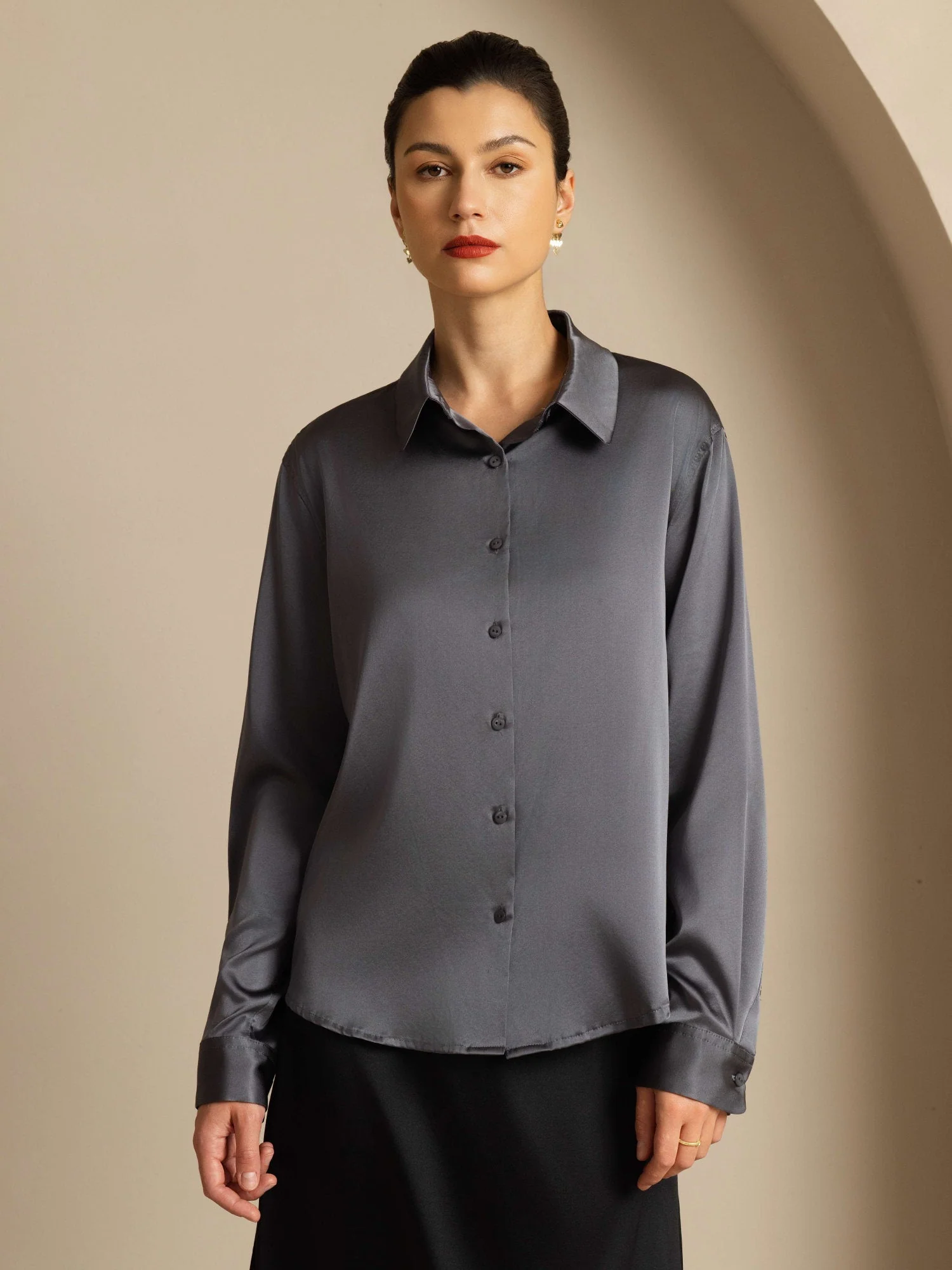19Momme Silk Long Sleeve Lapel Collar Women's Shirt with Button Up Design - Image 91