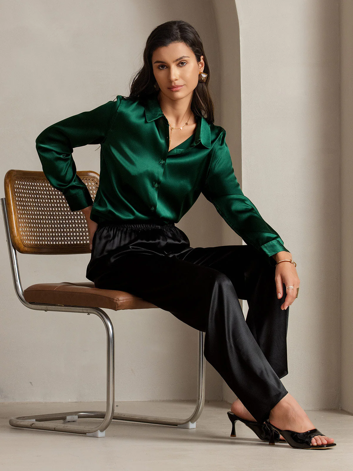 19Momme Silk Long Sleeve Lapel Collar Women's Shirt with Button Up Design - Image 100