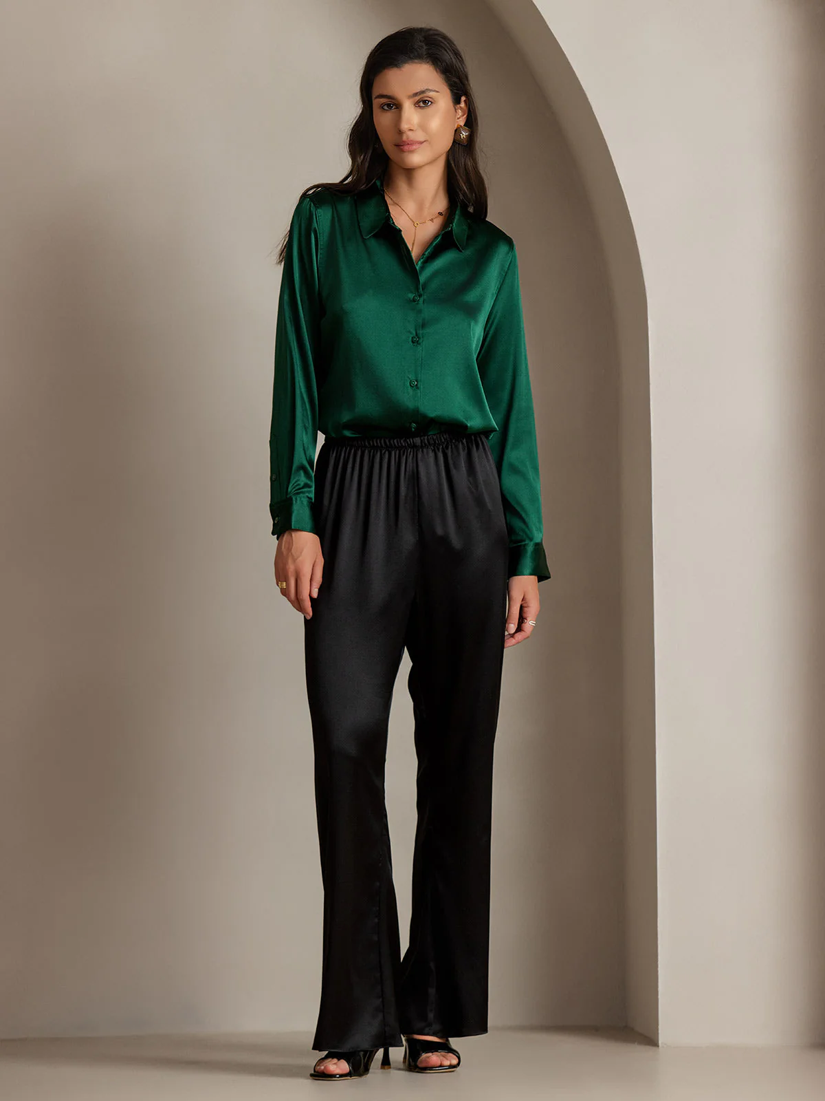 19Momme Silk Long Sleeve Lapel Collar Women's Shirt with Button Up Design - Image 101