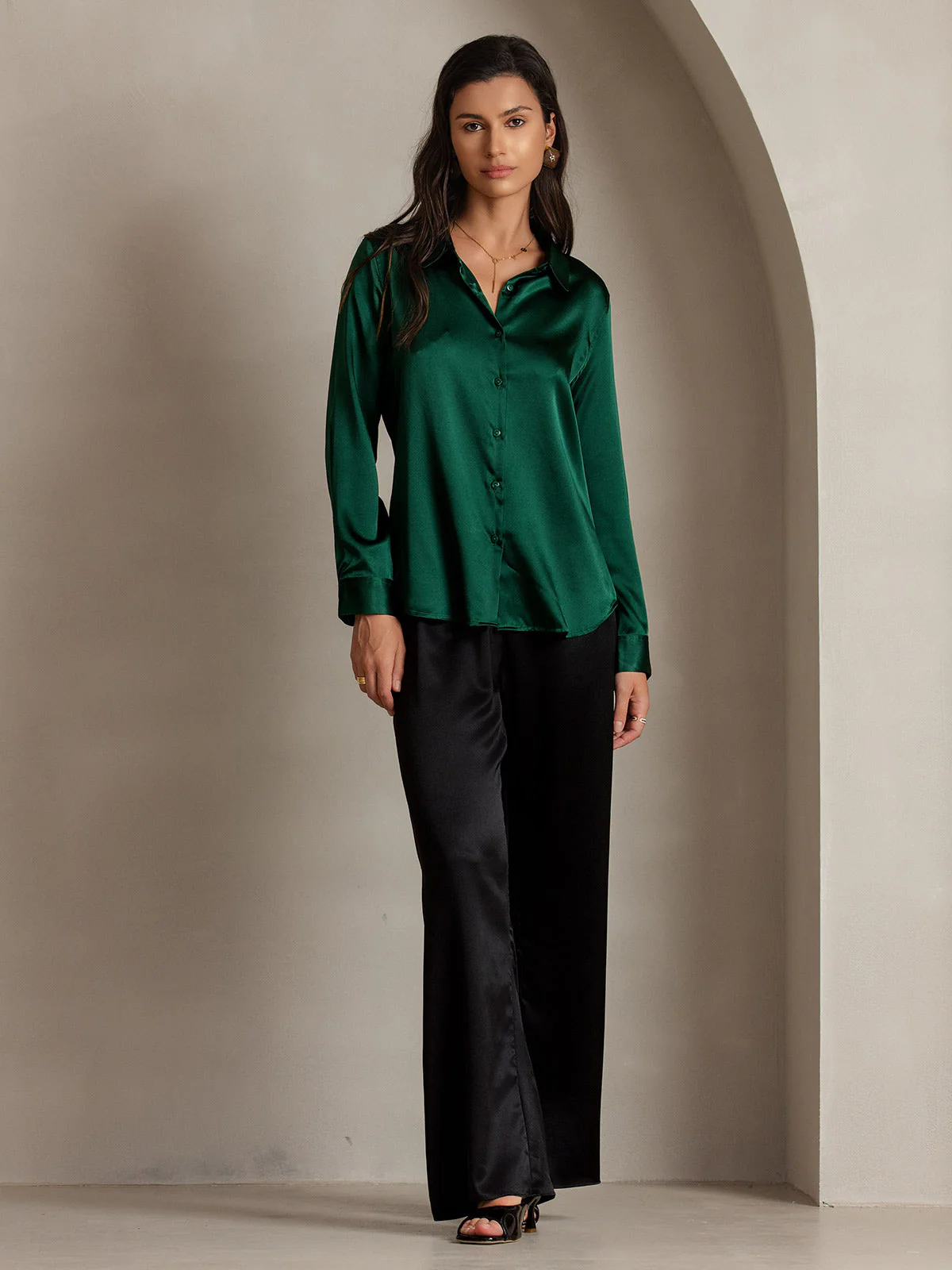 19Momme Silk Long Sleeve Lapel Collar Women's Shirt with Button Up Design - Image 102