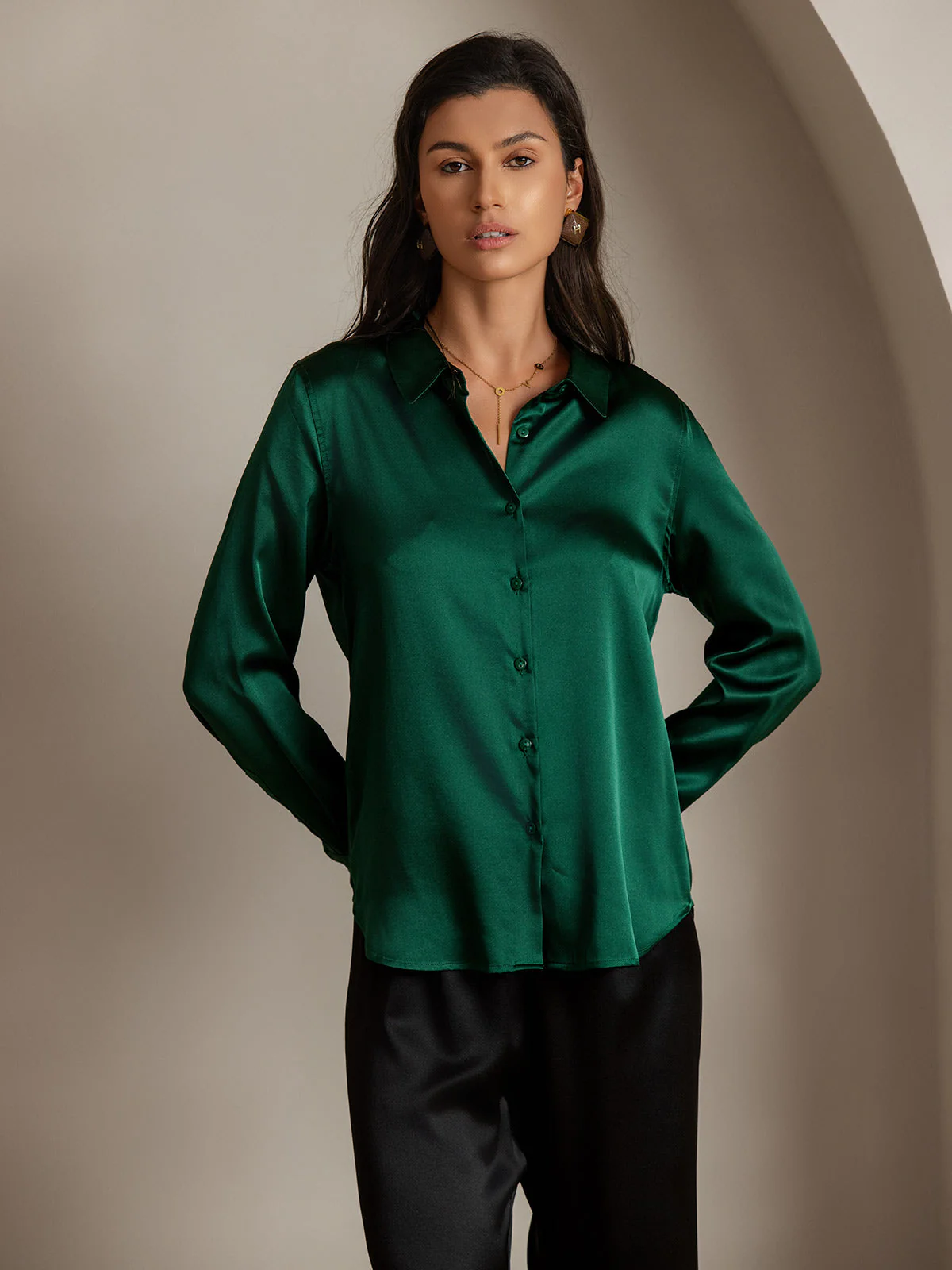 19Momme Silk Long Sleeve Lapel Collar Women's Shirt with Button Up Design - Image 103