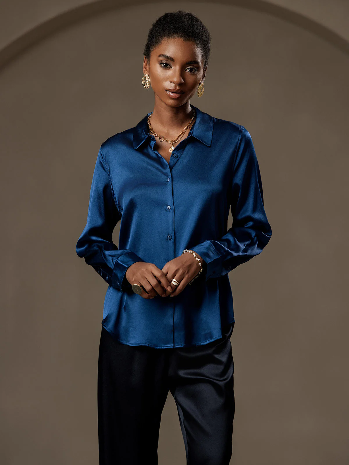 19Momme Silk Long Sleeve Lapel Collar Women's Shirt with Button Up Design - Image 106
