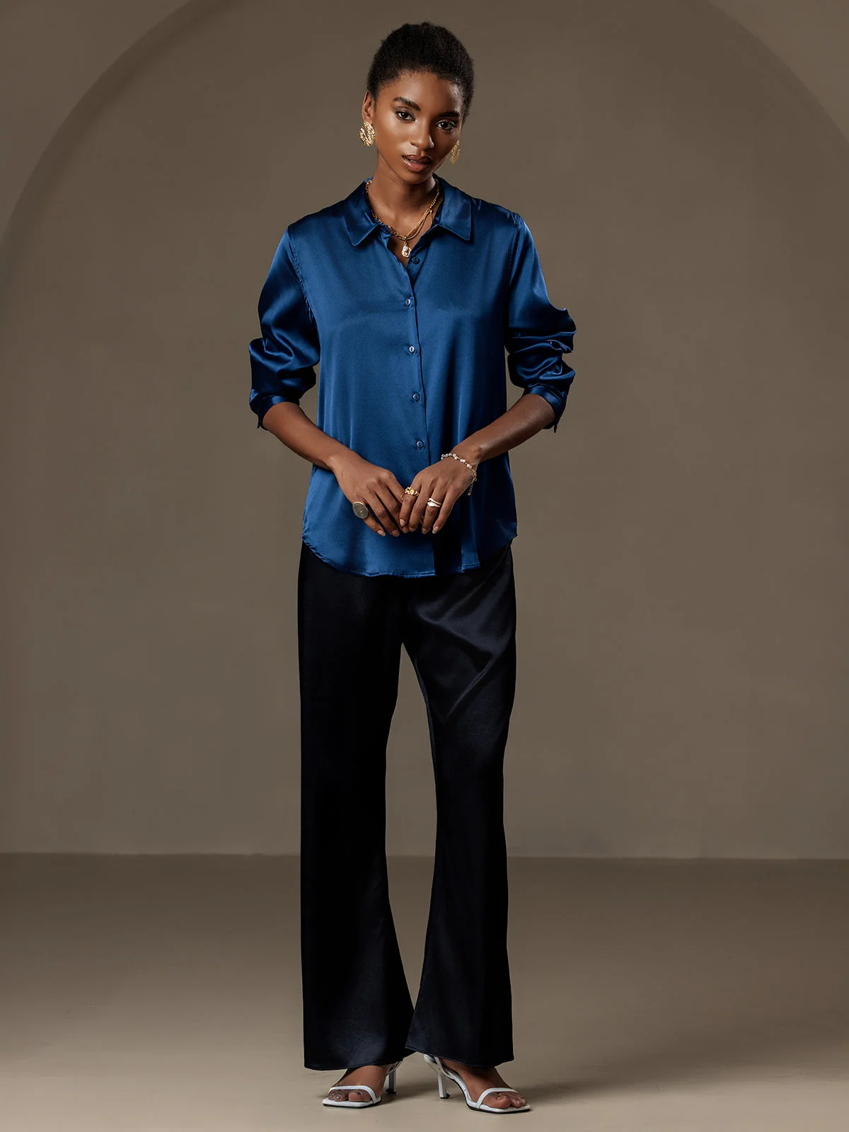 19Momme Silk Long Sleeve Lapel Collar Women's Shirt with Button Up Design - Image 108