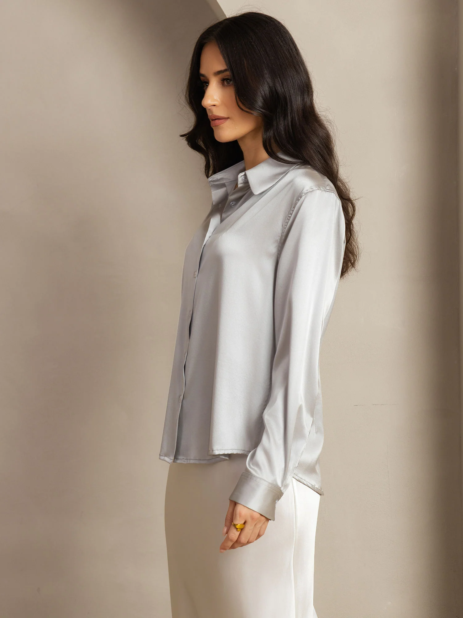 19Momme Silk Long Sleeve Lapel Collar Women's Shirt with Button Up Design - Image 132