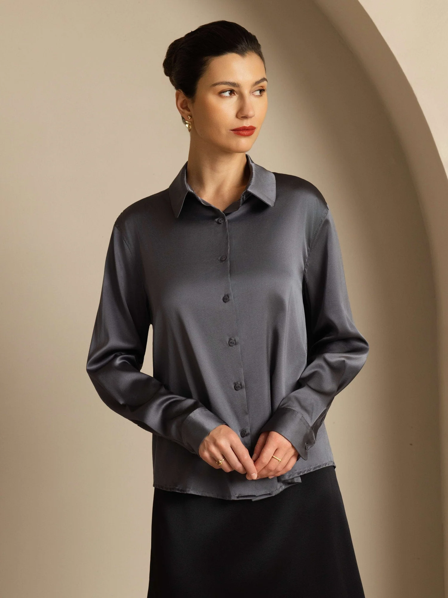 19Momme Silk Long Sleeve Lapel Collar Women's Shirt with Button Up Design - Image 144