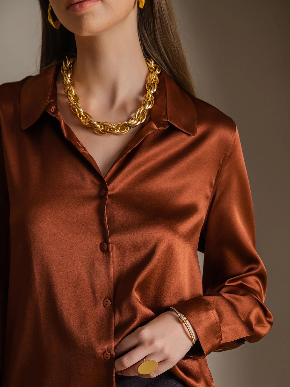 19Momme Silk Long Sleeve Lapel Collar Women's Shirt with Button Up Design - Image 15