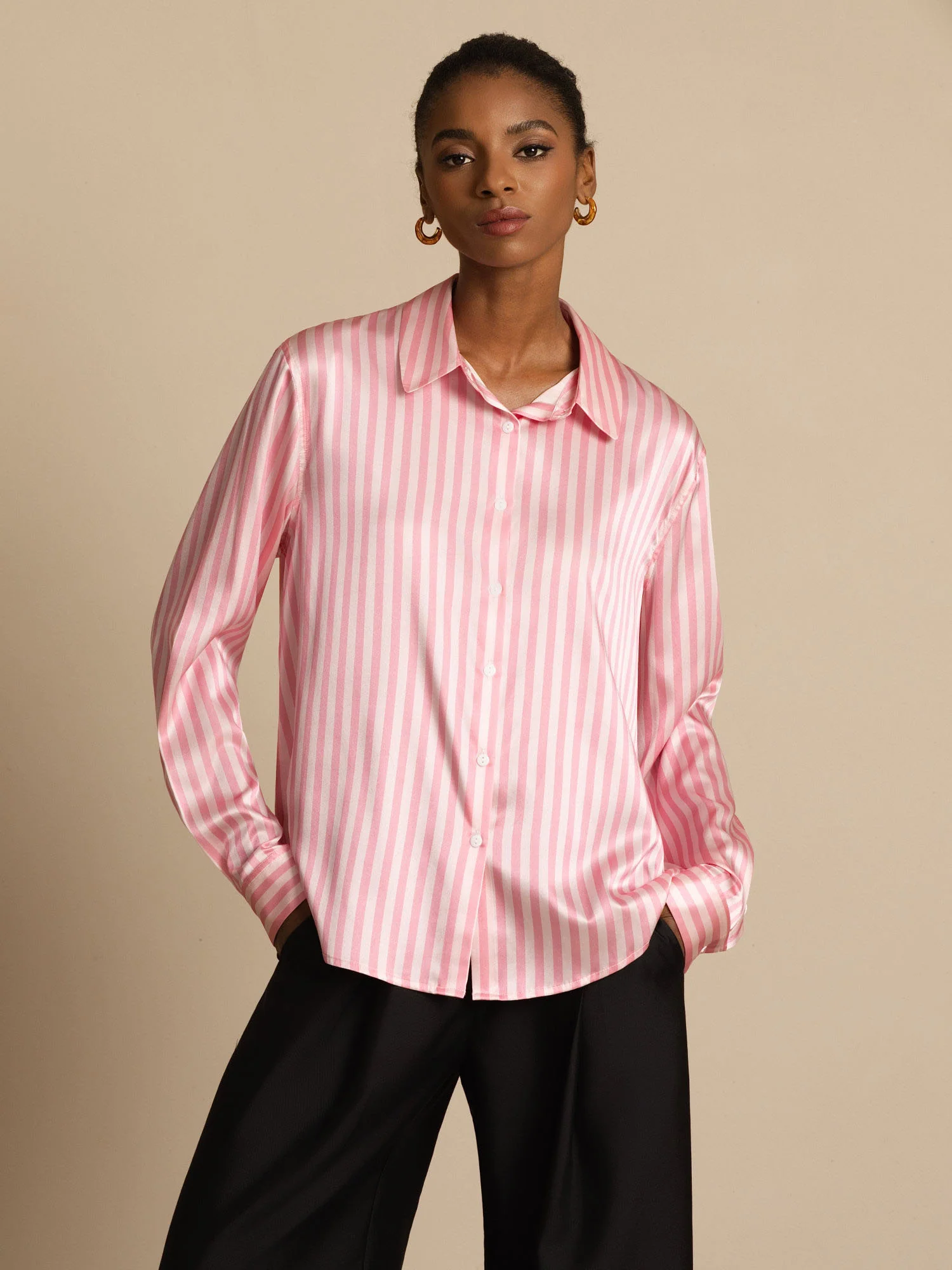 19Momme Silk Long Sleeve Lapel Collar Women's Shirt with Button Up Design - Image 24