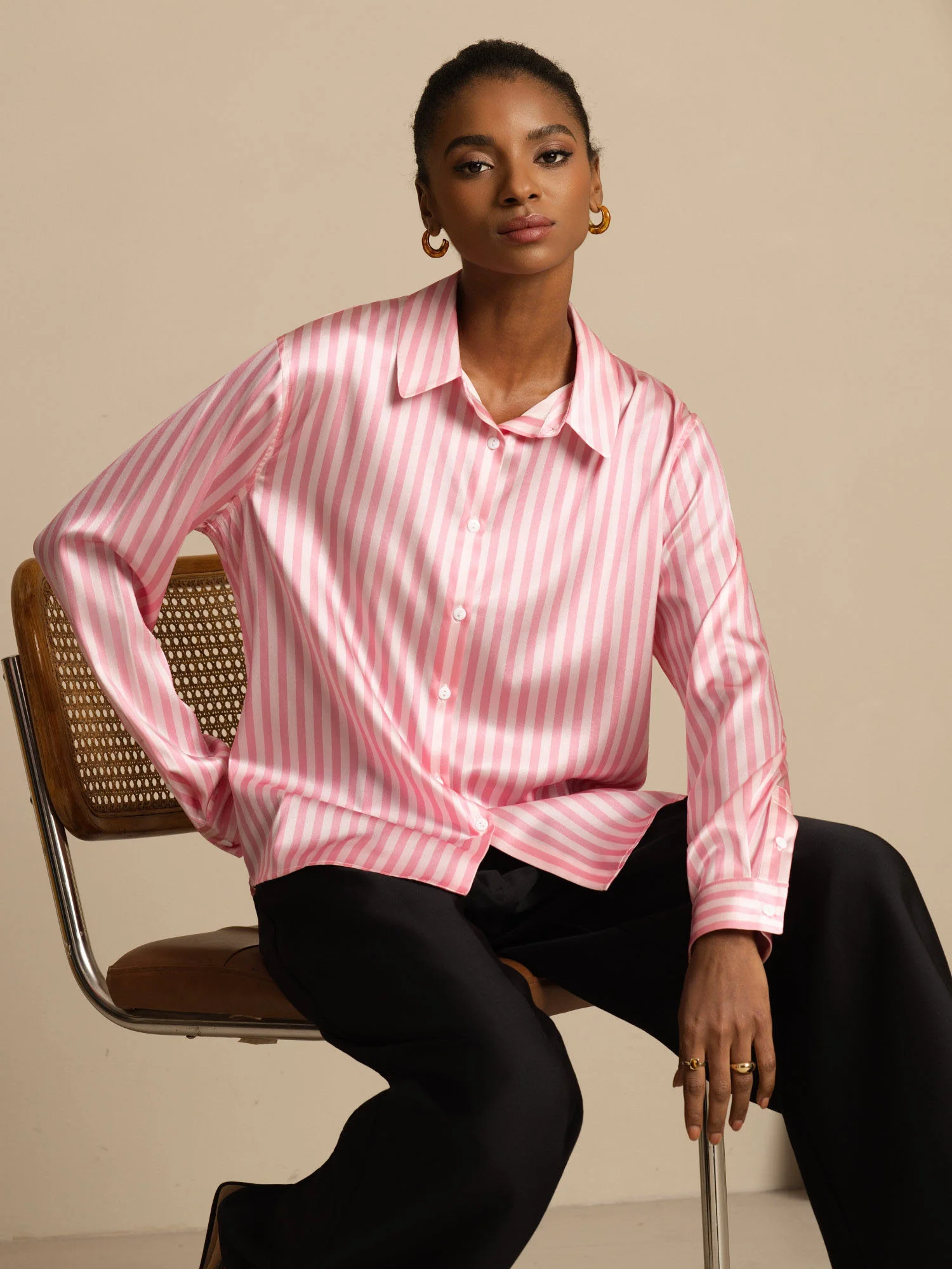 19Momme Silk Long Sleeve Lapel Collar Women's Shirt with Button Up Design - Image 26