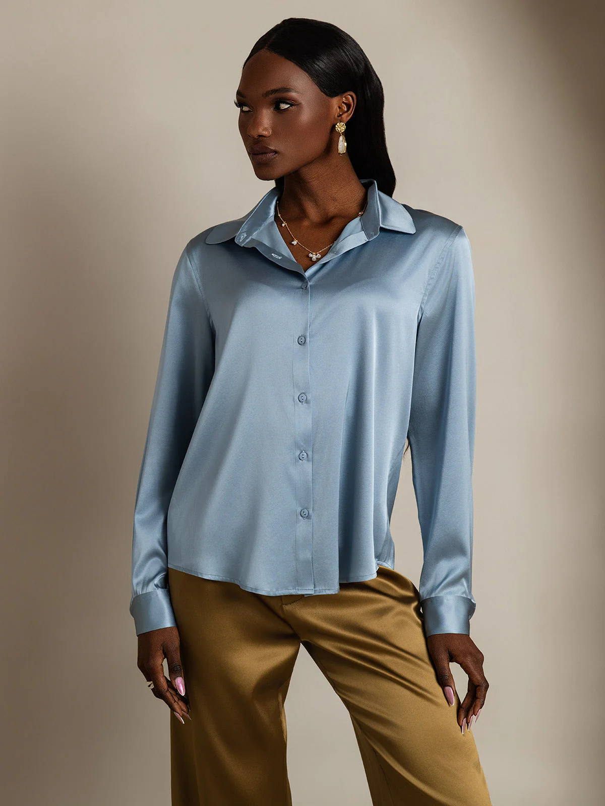 19Momme Silk Long Sleeve Lapel Collar Women's Shirt with Button Up Design - Image 31