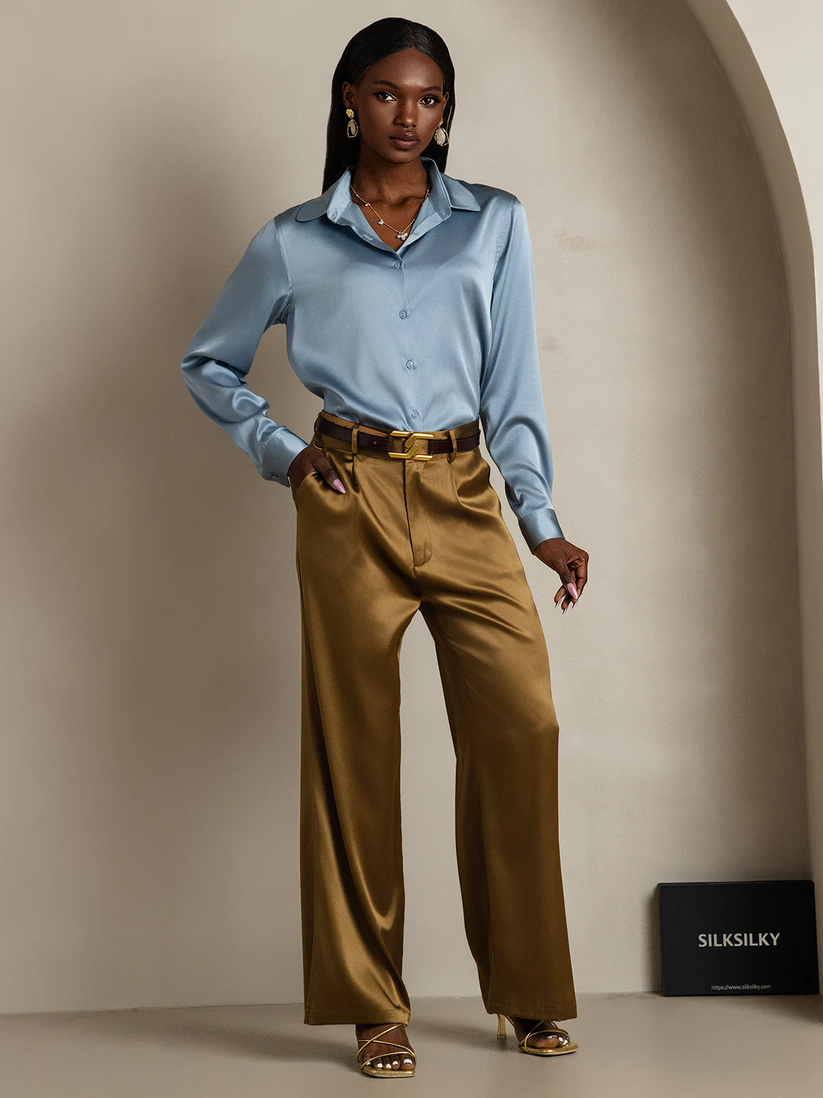 19Momme Silk Long Sleeve Lapel Collar Women's Shirt with Button Up Design - Image 37