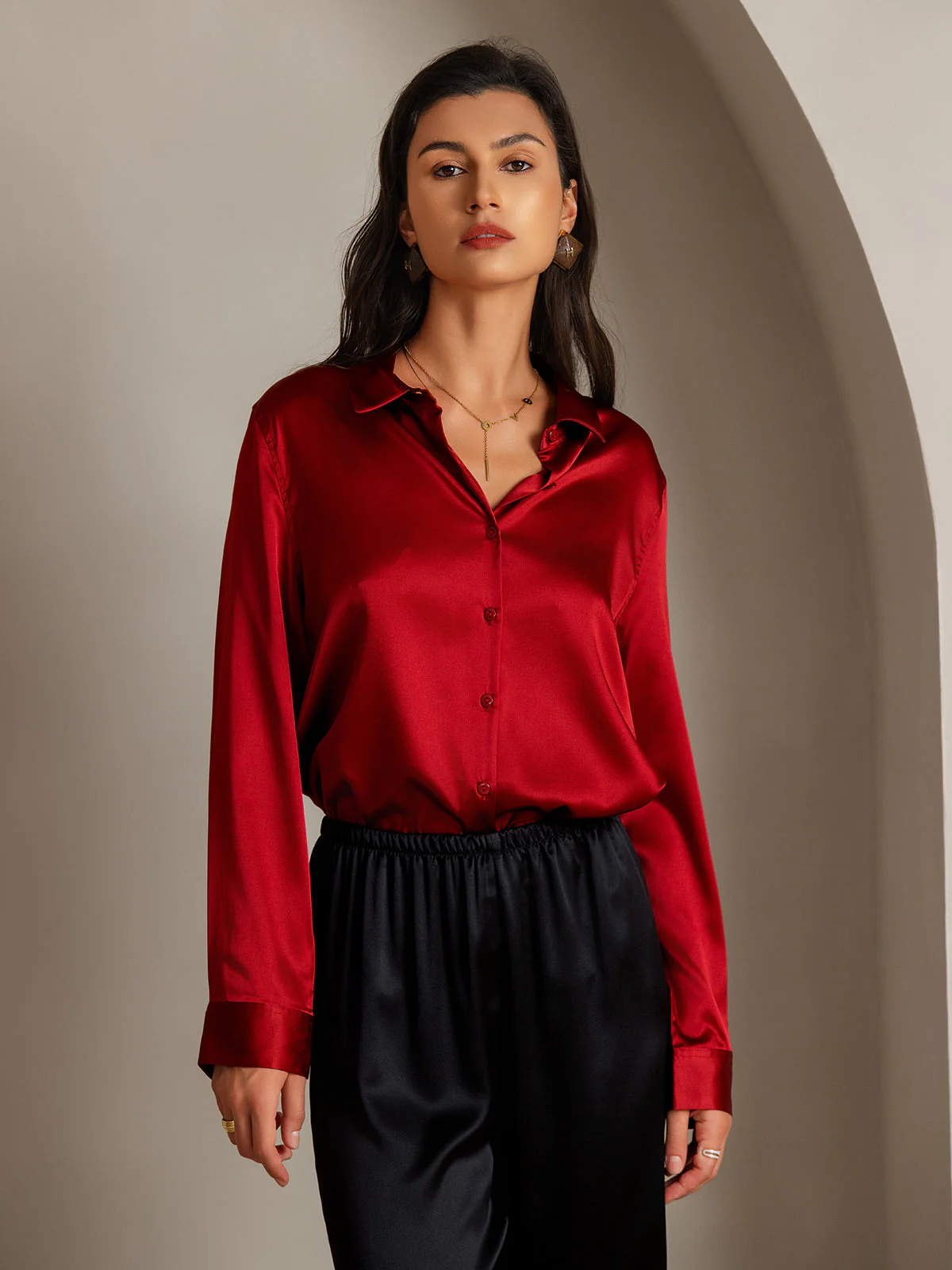19Momme Silk Long Sleeve Lapel Collar Women's Shirt with Button Up Design - Image 73