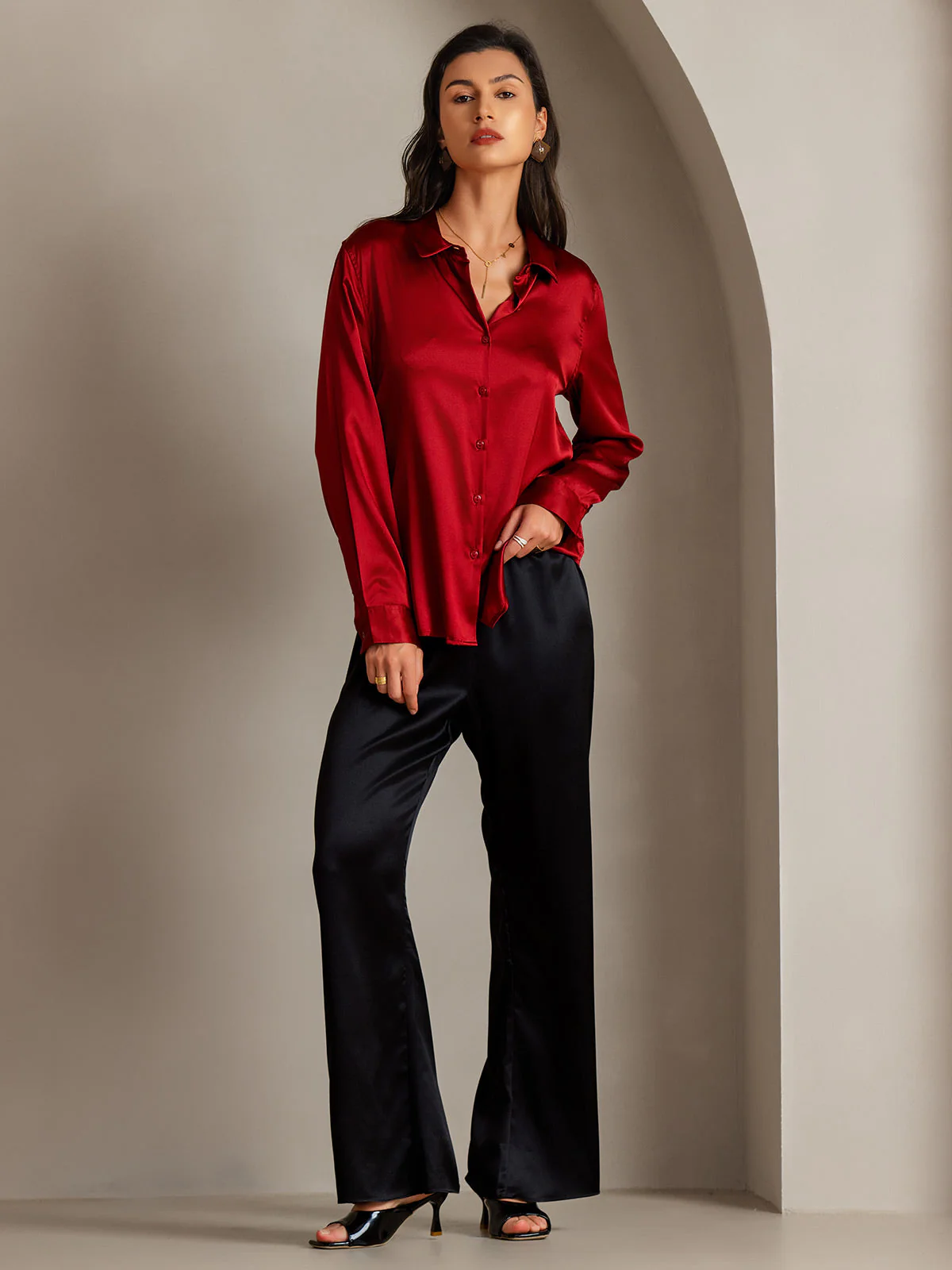 19Momme Silk Long Sleeve Lapel Collar Women's Shirt with Button Up Design - Image 76