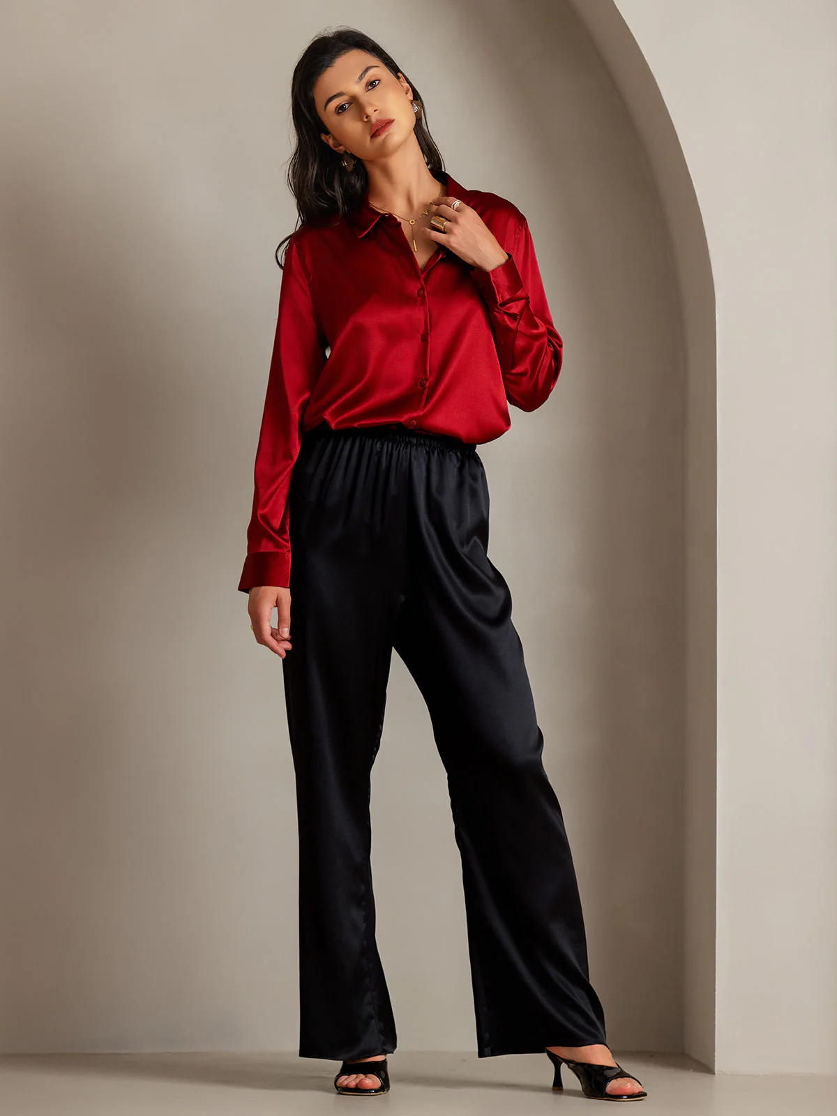 19Momme Silk Long Sleeve Lapel Collar Women's Shirt with Button Up Design - Image 77