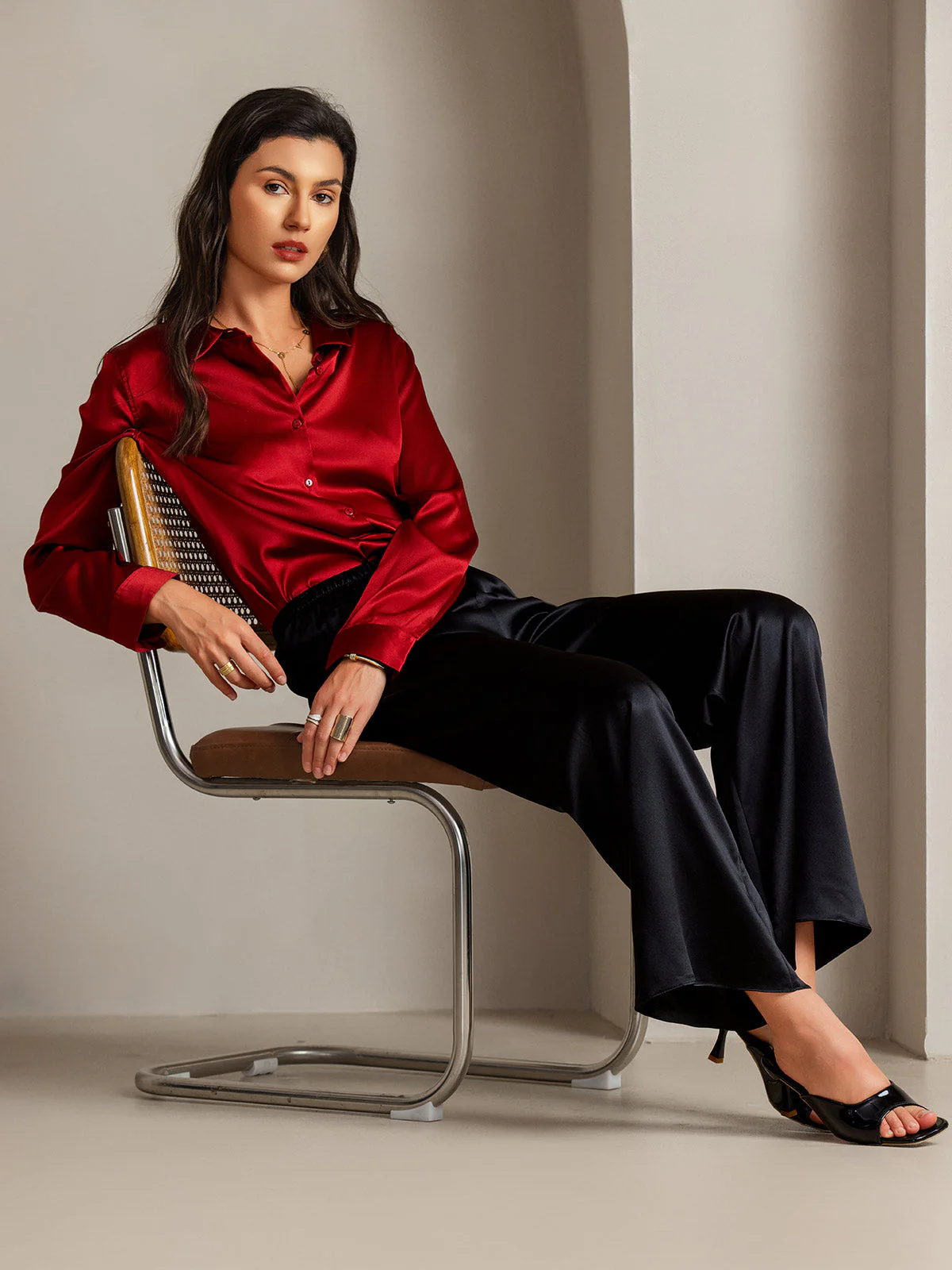 19Momme Silk Long Sleeve Lapel Collar Women's Shirt with Button Up Design - Image 78