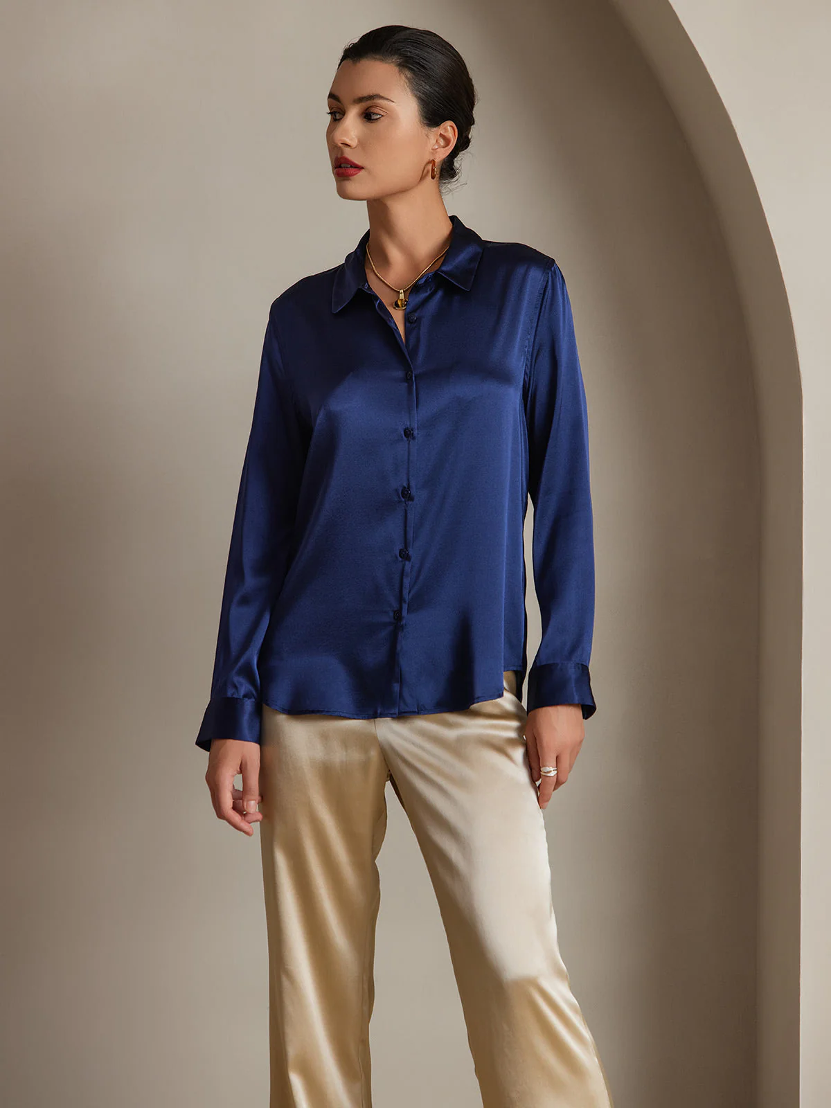 19Momme Silk Long Sleeve Lapel Collar Women's Shirt with Button Up Design - Image 93
