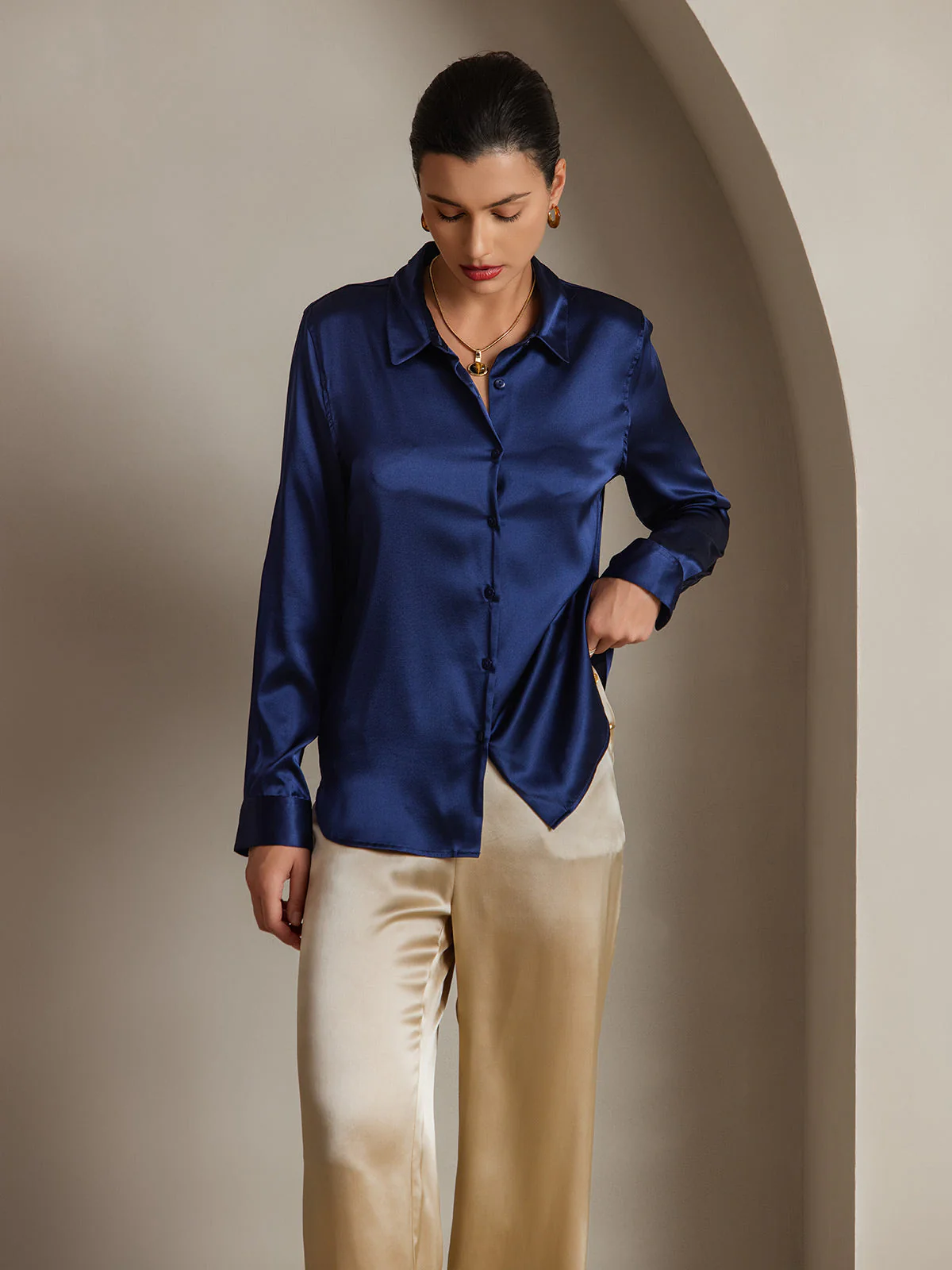 19Momme Silk Long Sleeve Lapel Collar Women's Shirt with Button Up Design - Image 95