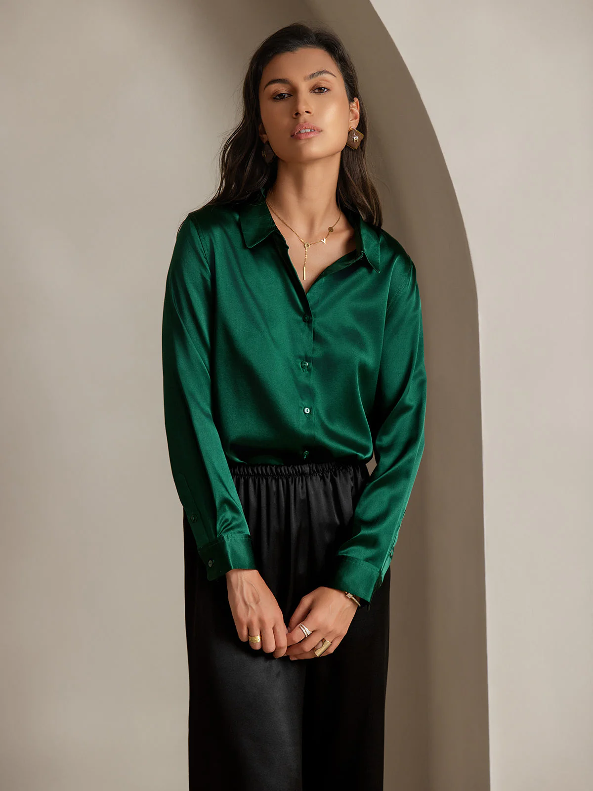 19Momme Silk Long Sleeve Lapel Collar Women's Shirt with Button Up Design - Image 98