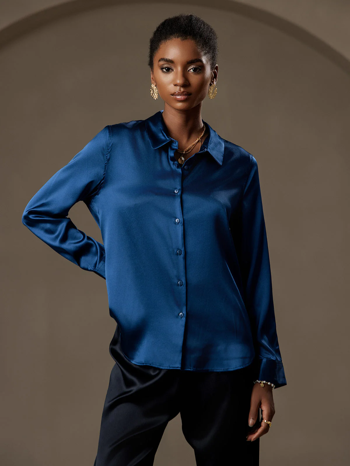 19Momme Silk Long Sleeve Lapel Collar Women's Shirt with Button Up Design - Image 102