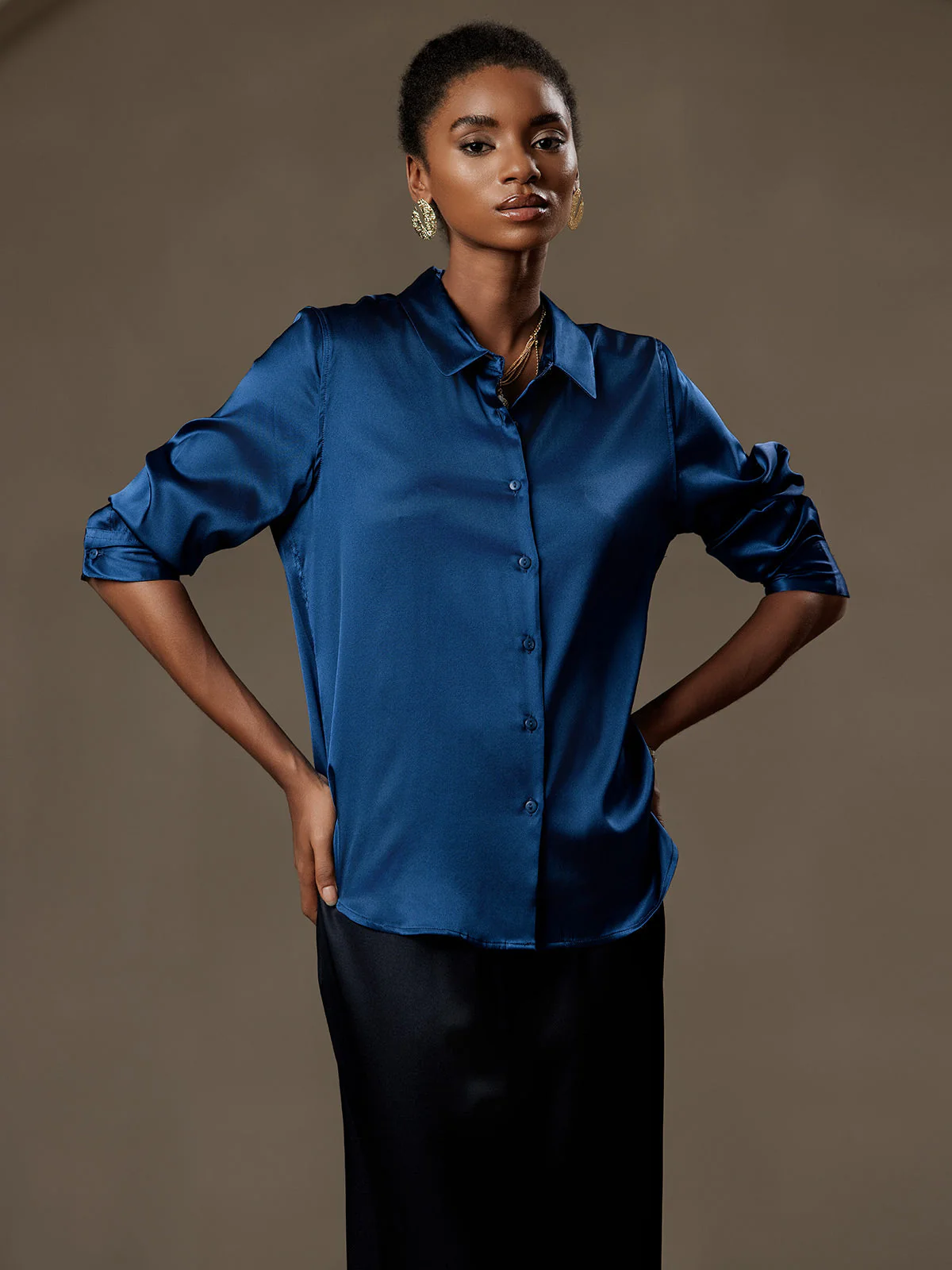 19Momme Silk Long Sleeve Lapel Collar Women's Shirt with Button Up Design - Image 105