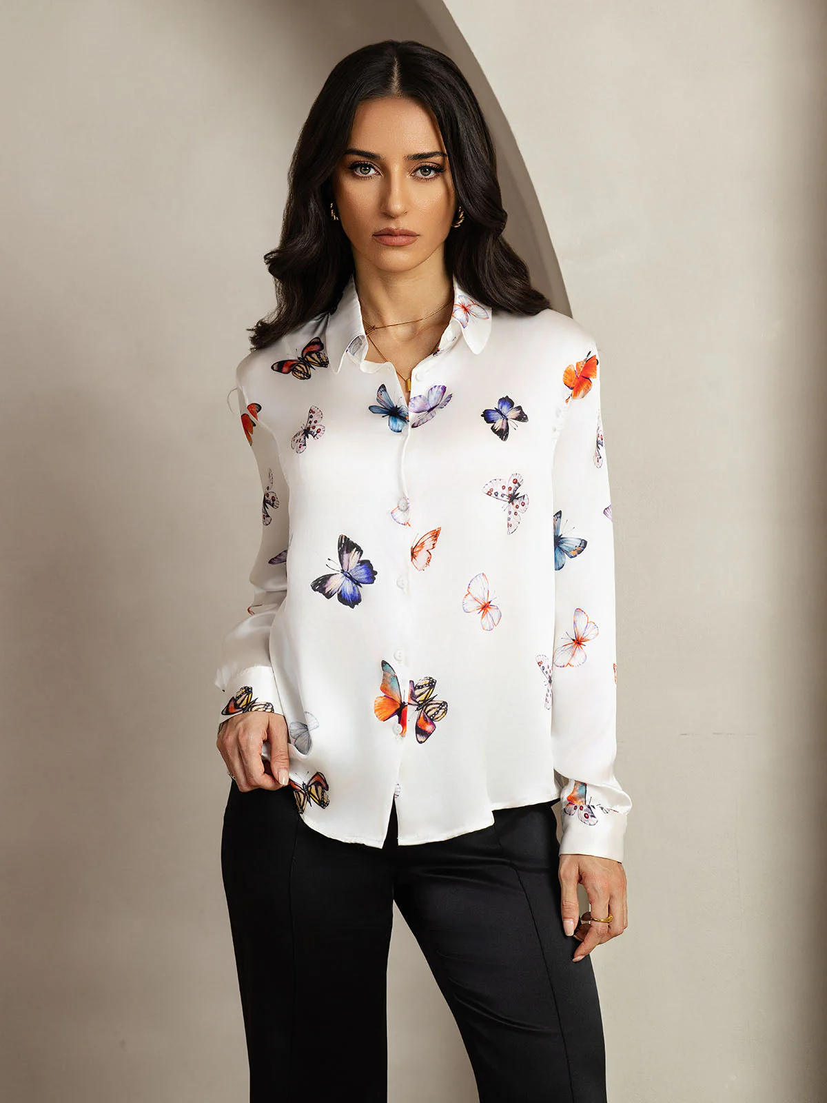 19Momme Silk Long Sleeve Lapel Collar Women's Shirt with Button Up Design - Image 114