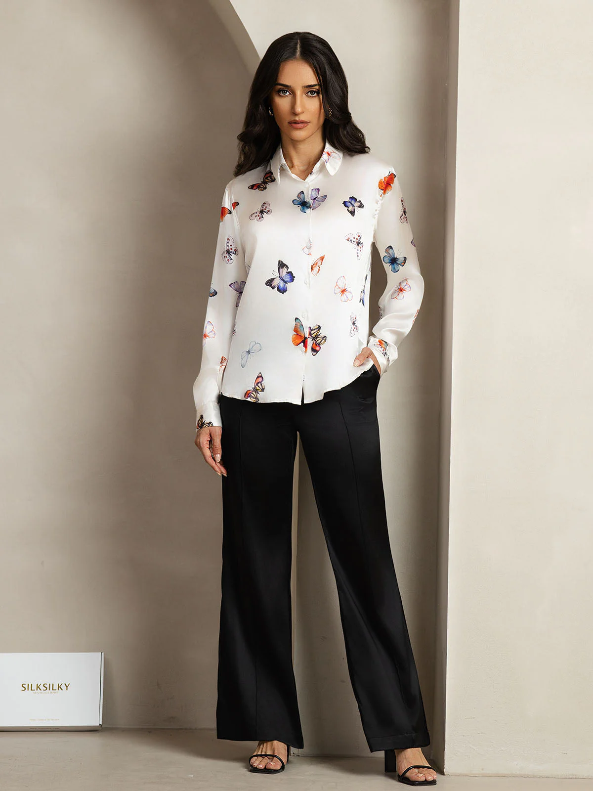19Momme Silk Long Sleeve Lapel Collar Women's Shirt with Button Up Design - Image 117
