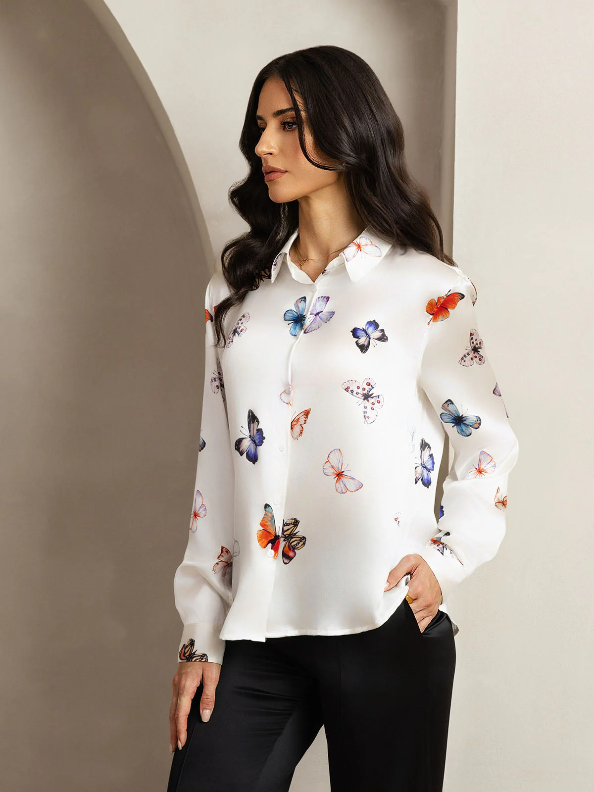 19Momme Silk Long Sleeve Lapel Collar Women's Shirt with Button Up Design - Image 118